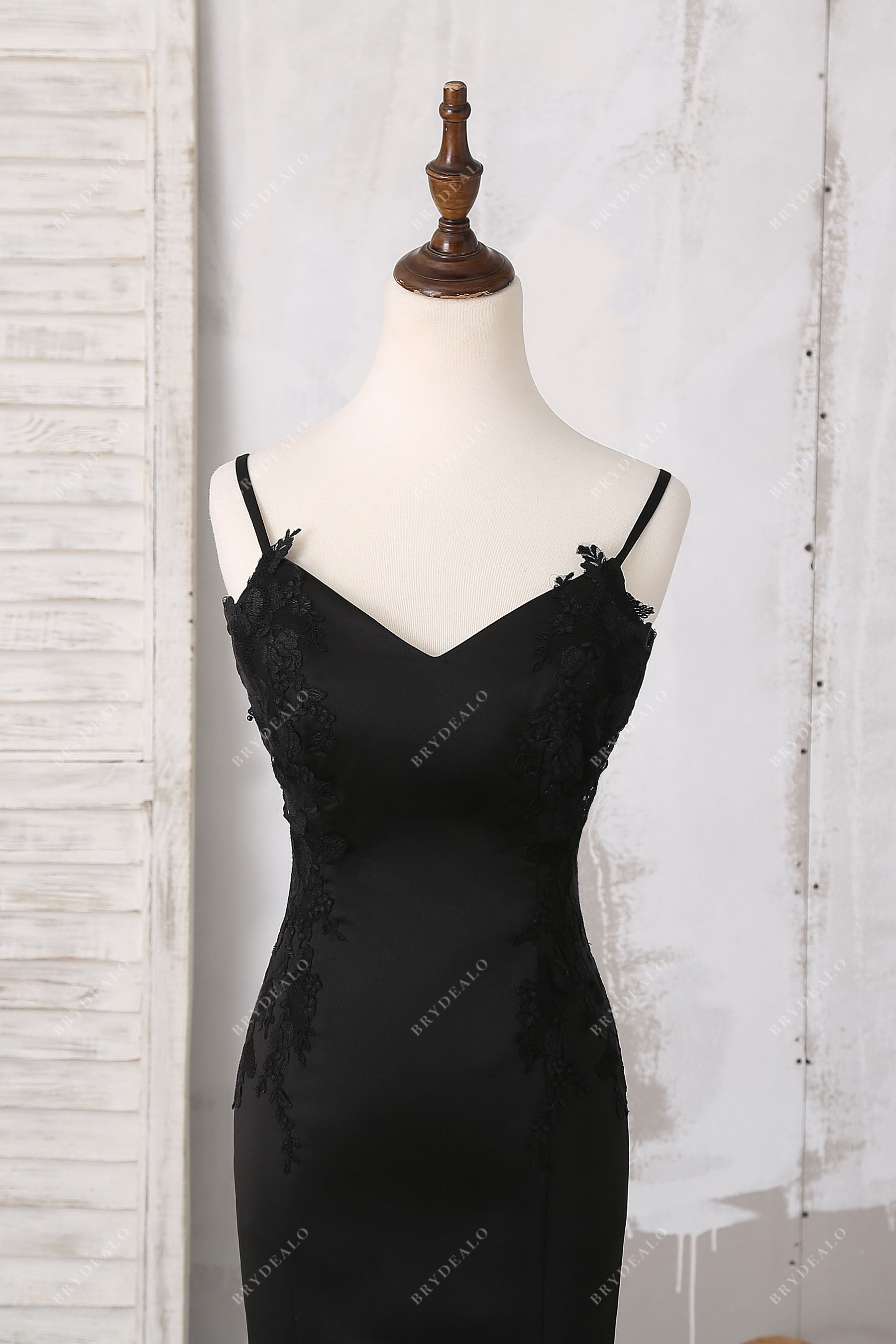 black lace satin V-neck thin straps bridal prom dress