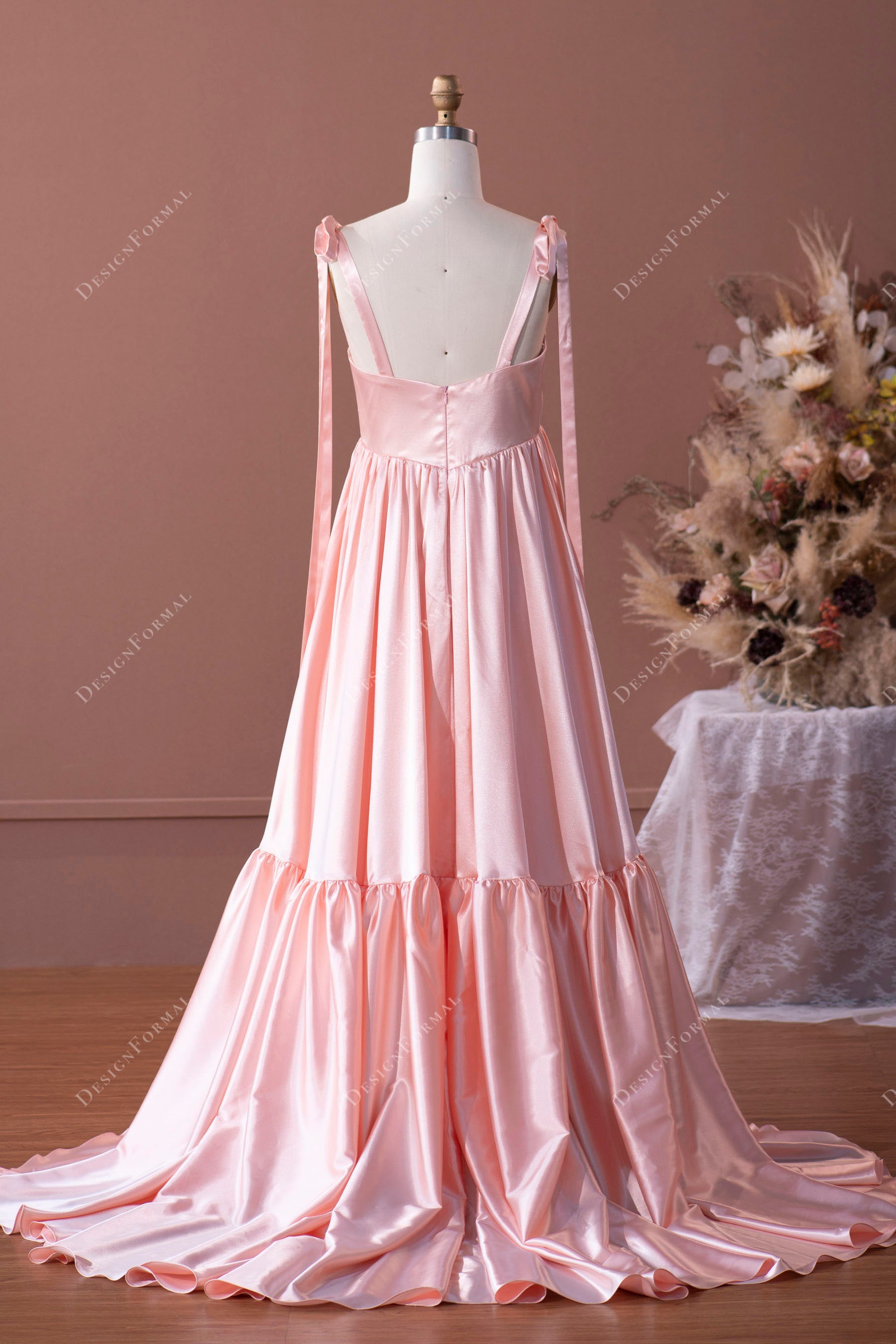 blushing pink straps long satin bridesmaid dress