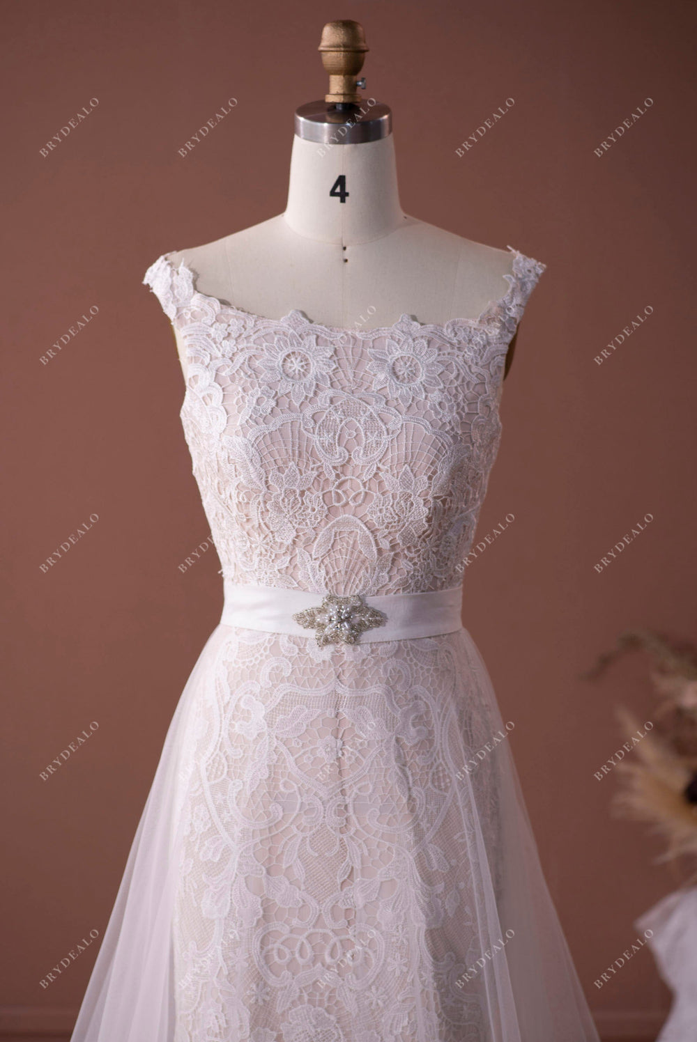 Custom Mermaid Lace Plunging Neck Overskirt Pearl Pink Bridal Gown