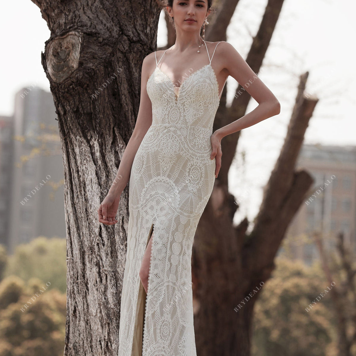 Boho Lace Halter Straps Slit Fit & Flare Destination Nude Wedding Dress, White Boho Lace Halter Straps Slit Fit & Flare Destination Nude Wedding Dress, White