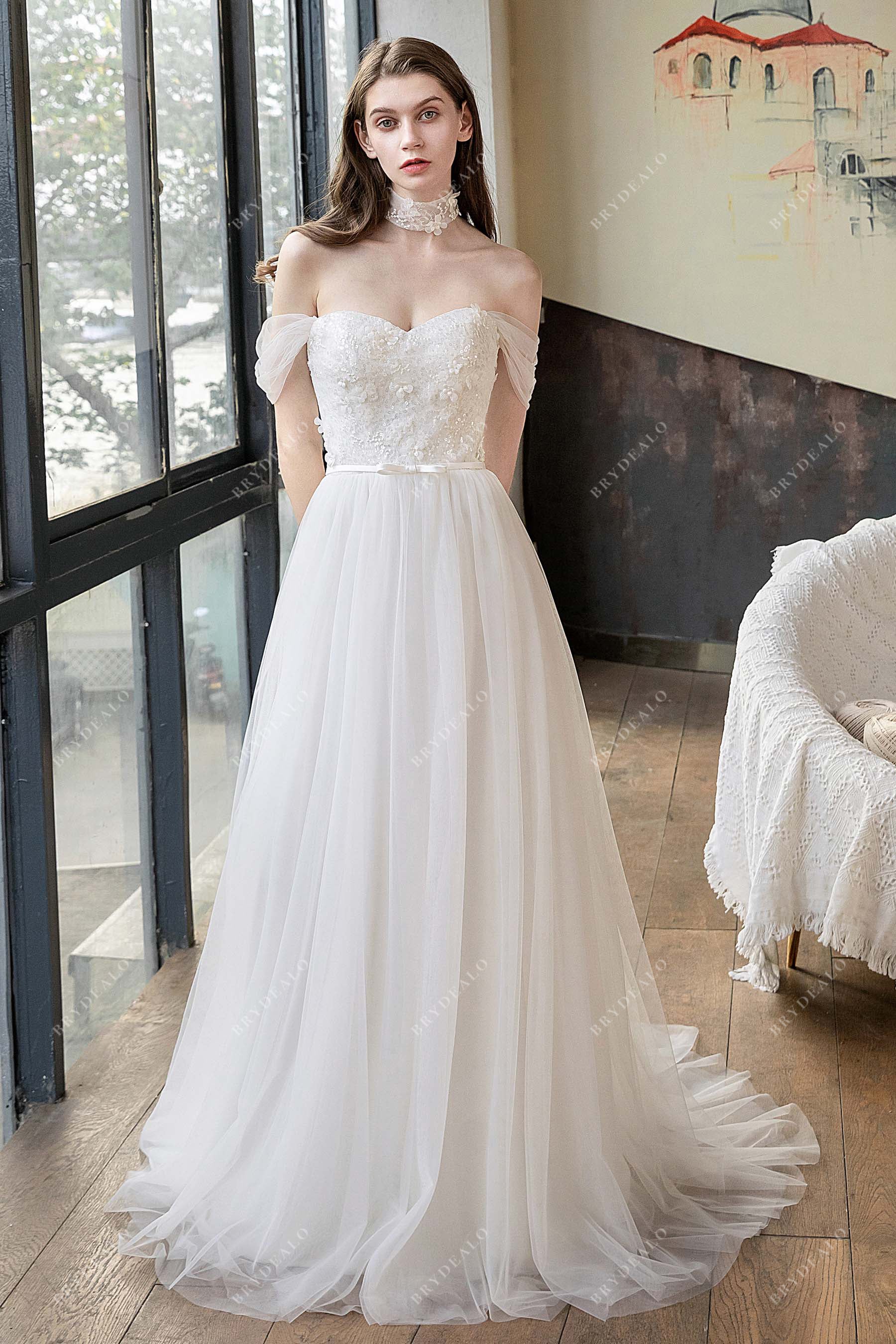 Boho Off-the-Shoulder Flower Lace A-line Wedding Dress
