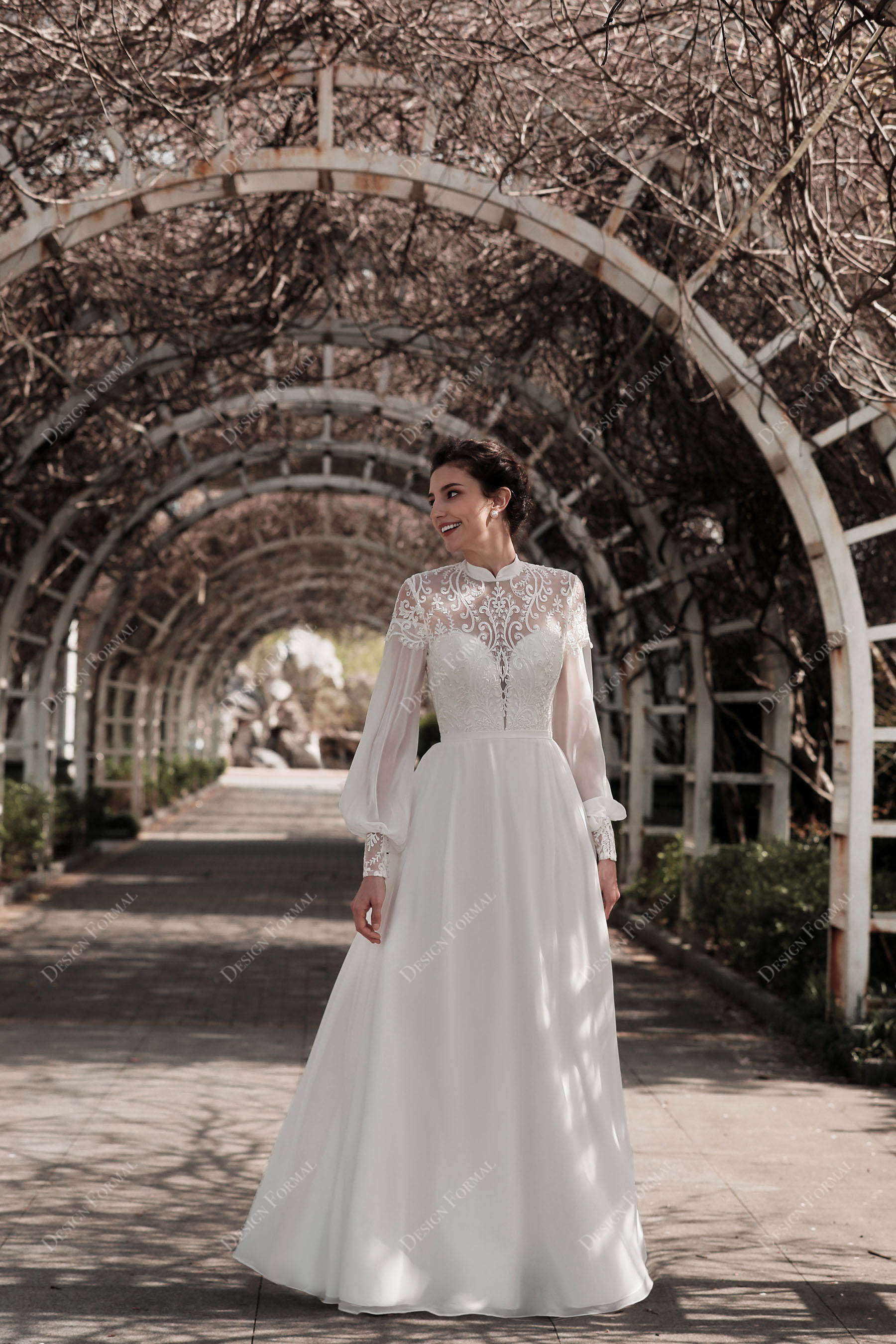 Boho Sleeved Flowy Lace Chiffon Wedding Dress