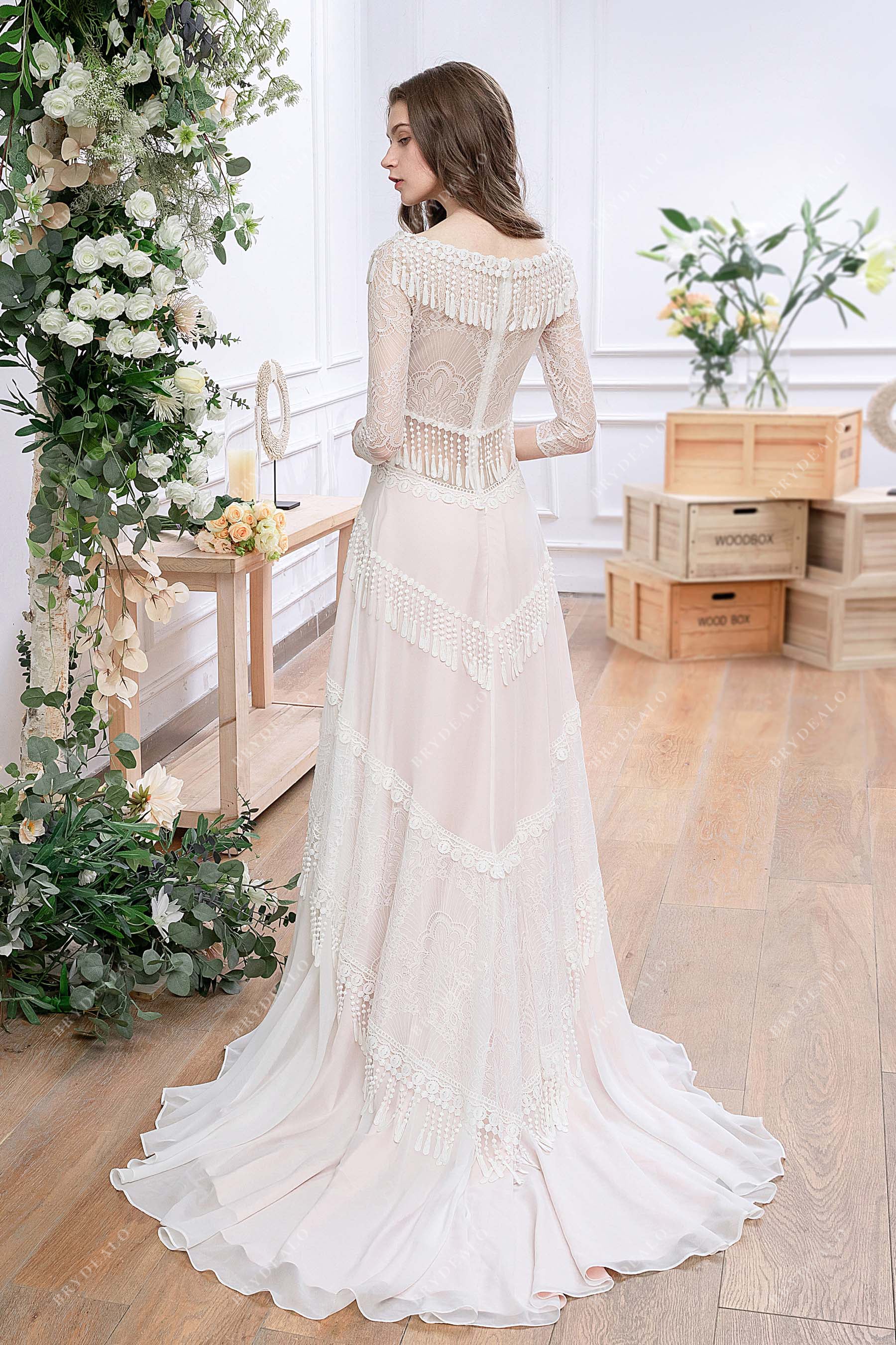 sweep train A-line pearl pink destination bridal gown