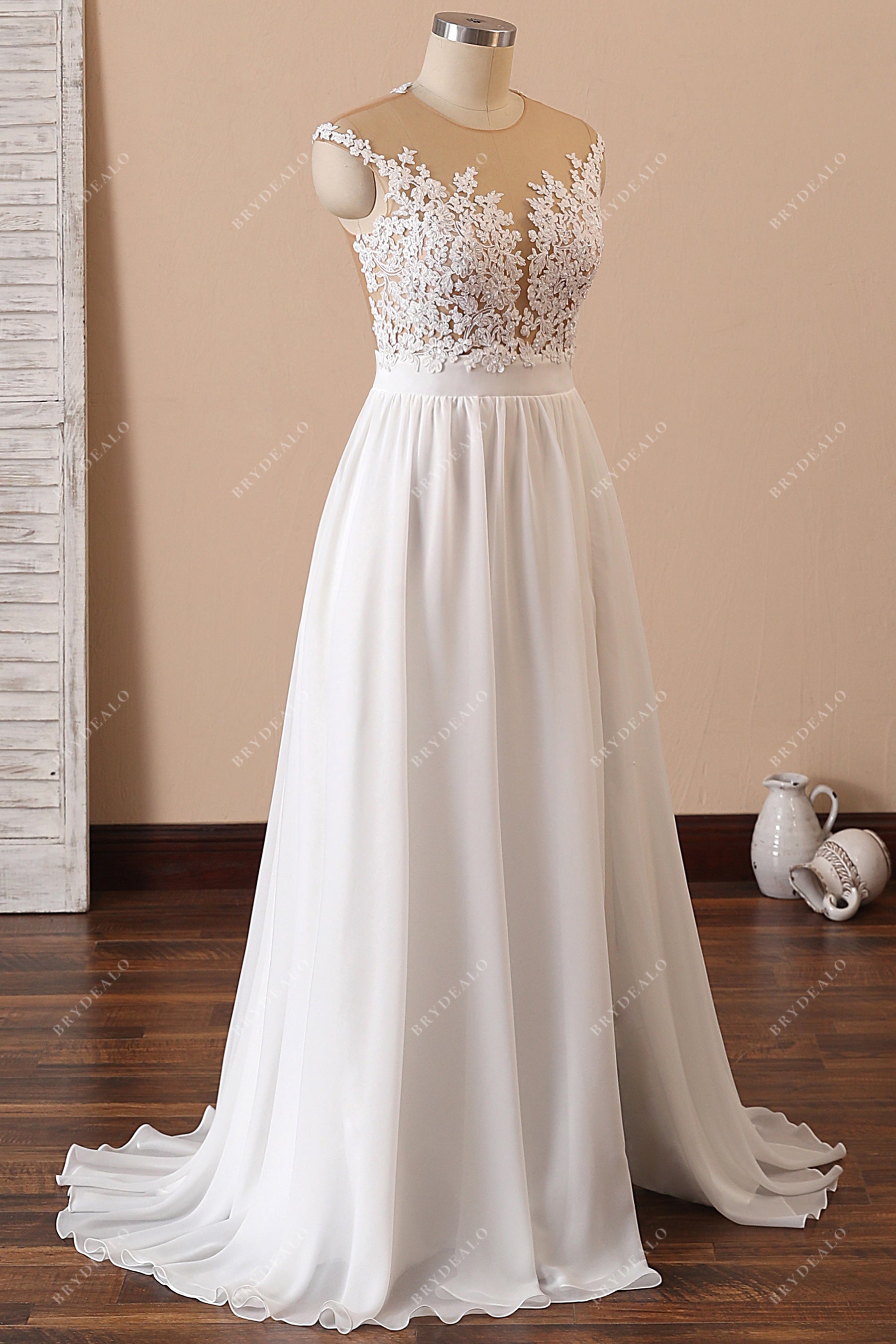 cap sleeves lace chiffon boho bridal dress