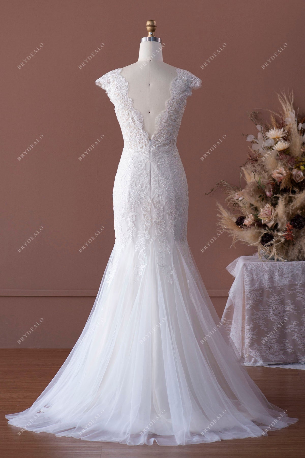 Cap Sleeve Wedding Dress Embroidered Long Scalloped Edge main image 0