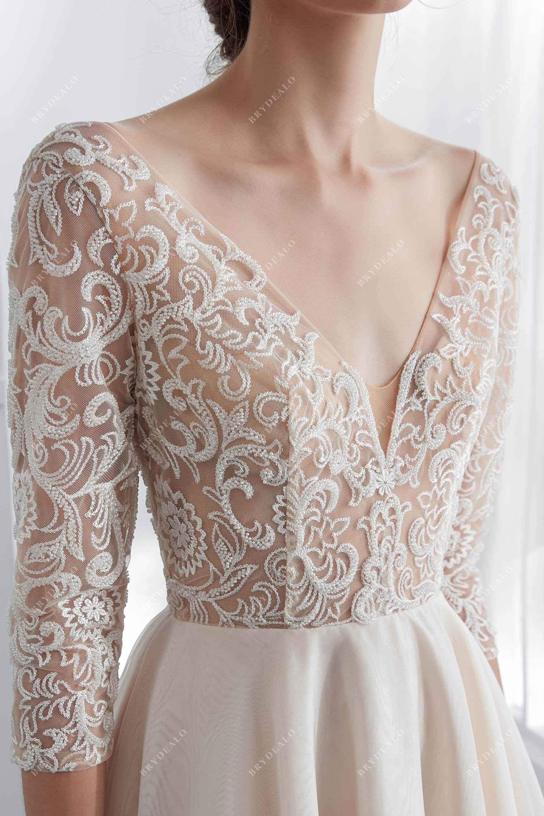Sheer 3/4 Sleeve Designer Lace Bridal Gown