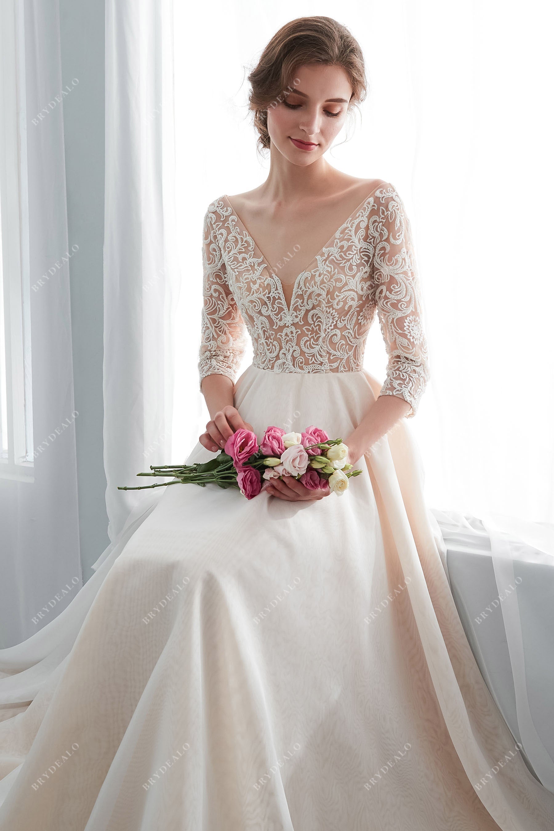 Champagne Lace 3/4 Sleeve Lace Wedding Dress