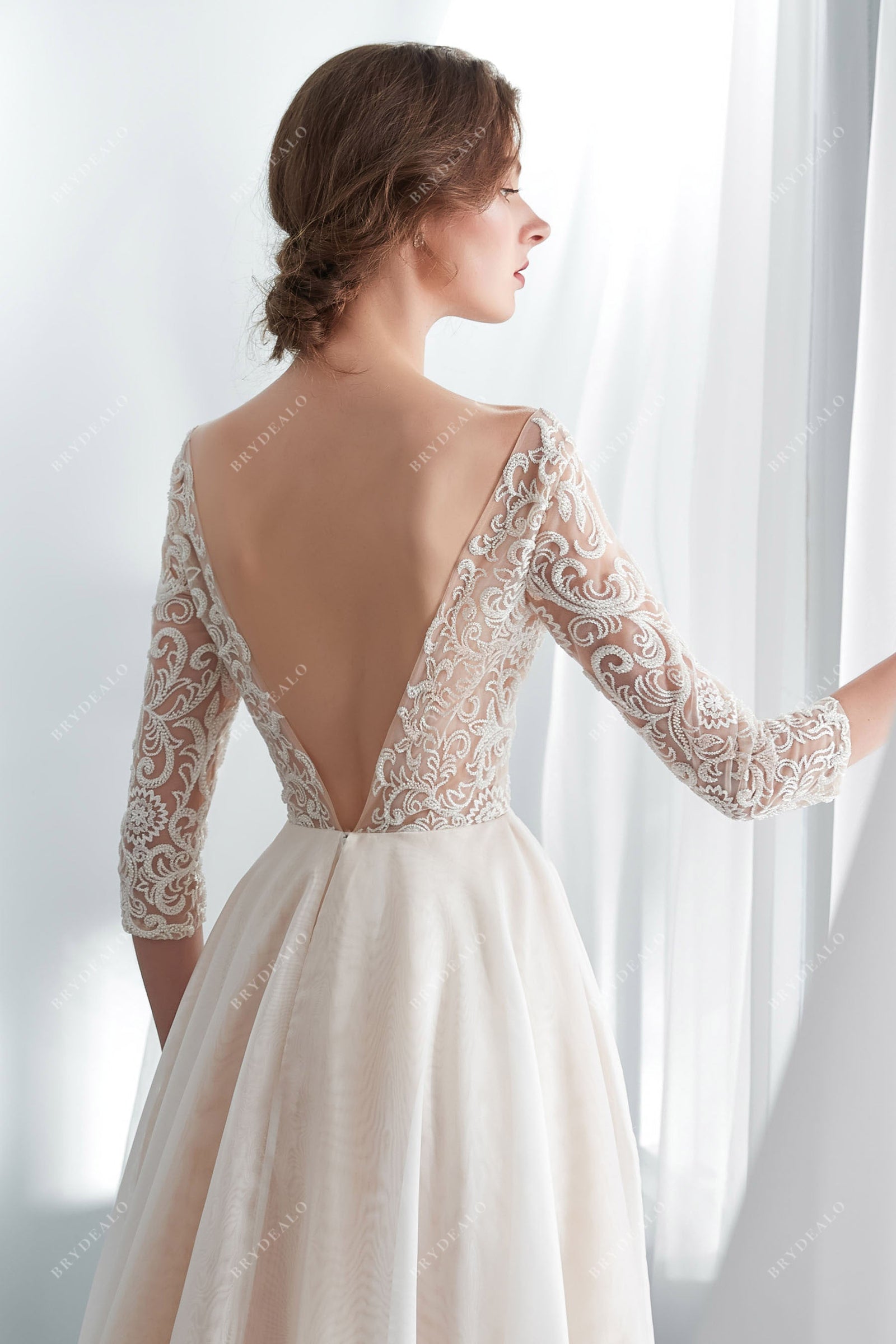 A-Line Lace Illusion Neck Short Sleeves Chiffon Dress Champagne main image 1