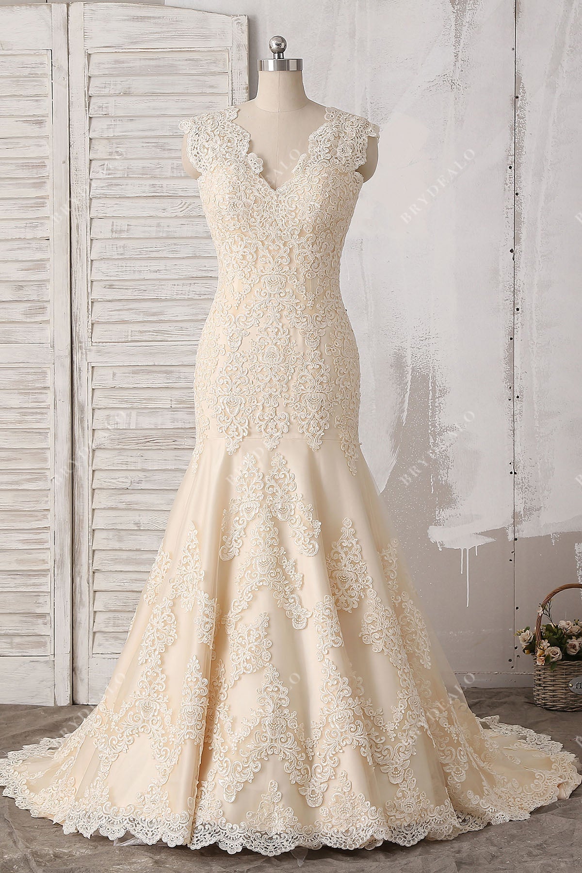 champagne lace V-neck trumpet wedding dress