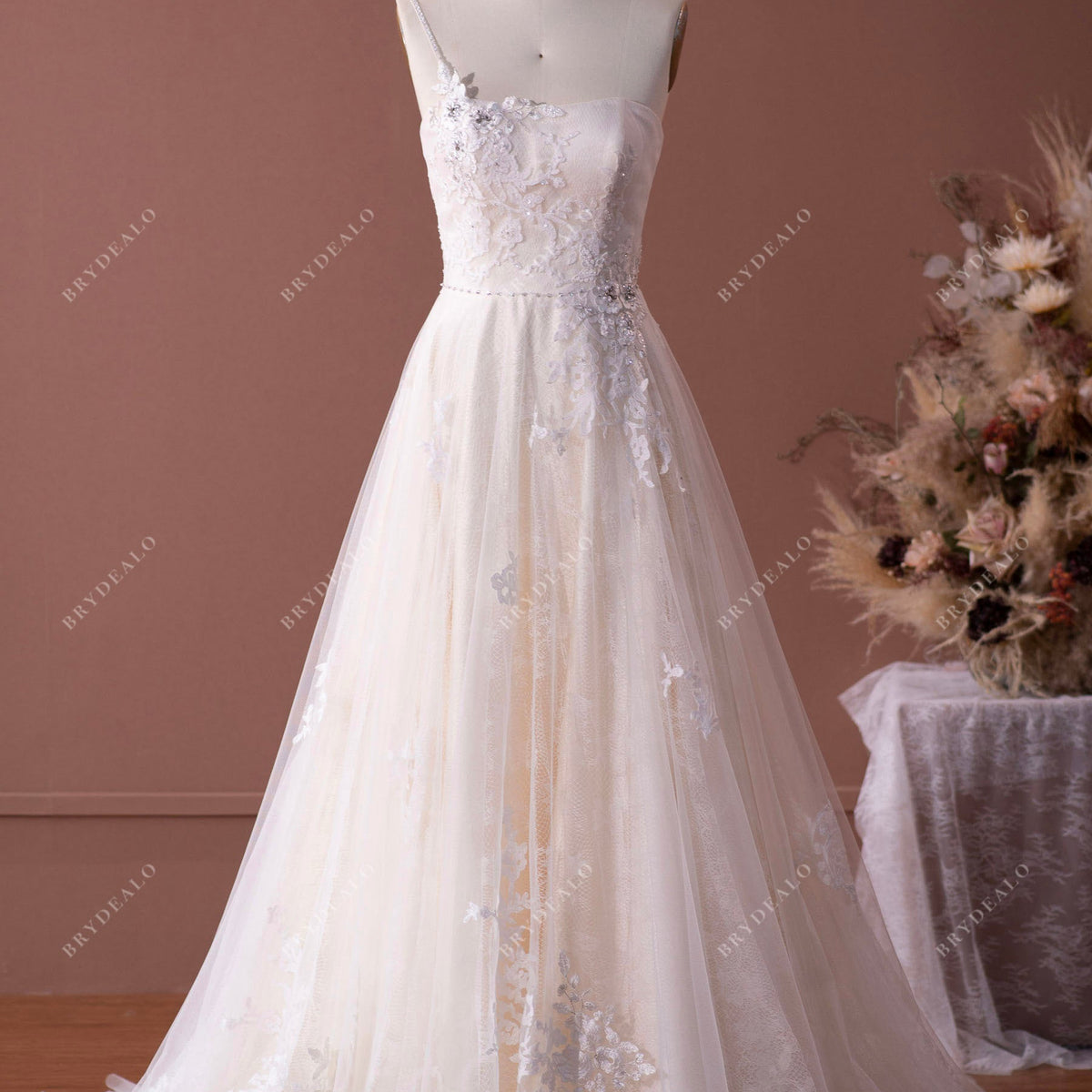 Unique Beaded One Shoulder Lace Tulle Long Champagne Wedding Dress, White