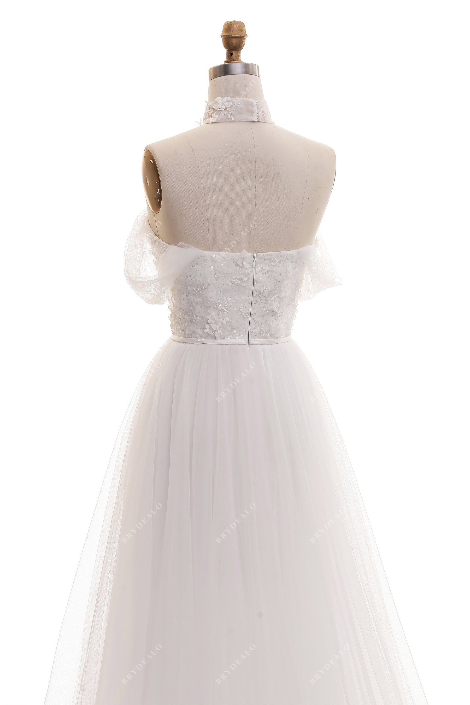 Designer Choker Lace Neck Off Shoulder Flower Wedding Dress