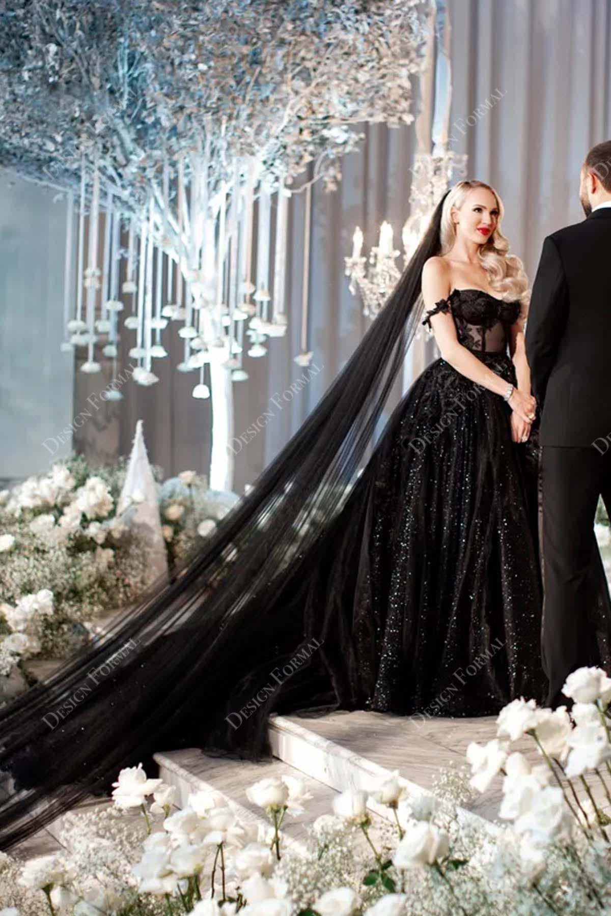 Christine Quinn Illusion Corset Sparkly Black Celebrity Wedding Dress