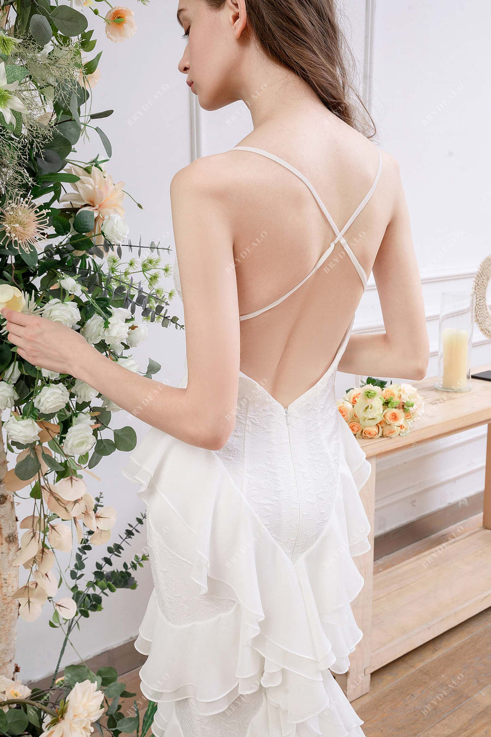 Designed Tiered Ruffles Criss-Cross Back Sheath Wedding Dress