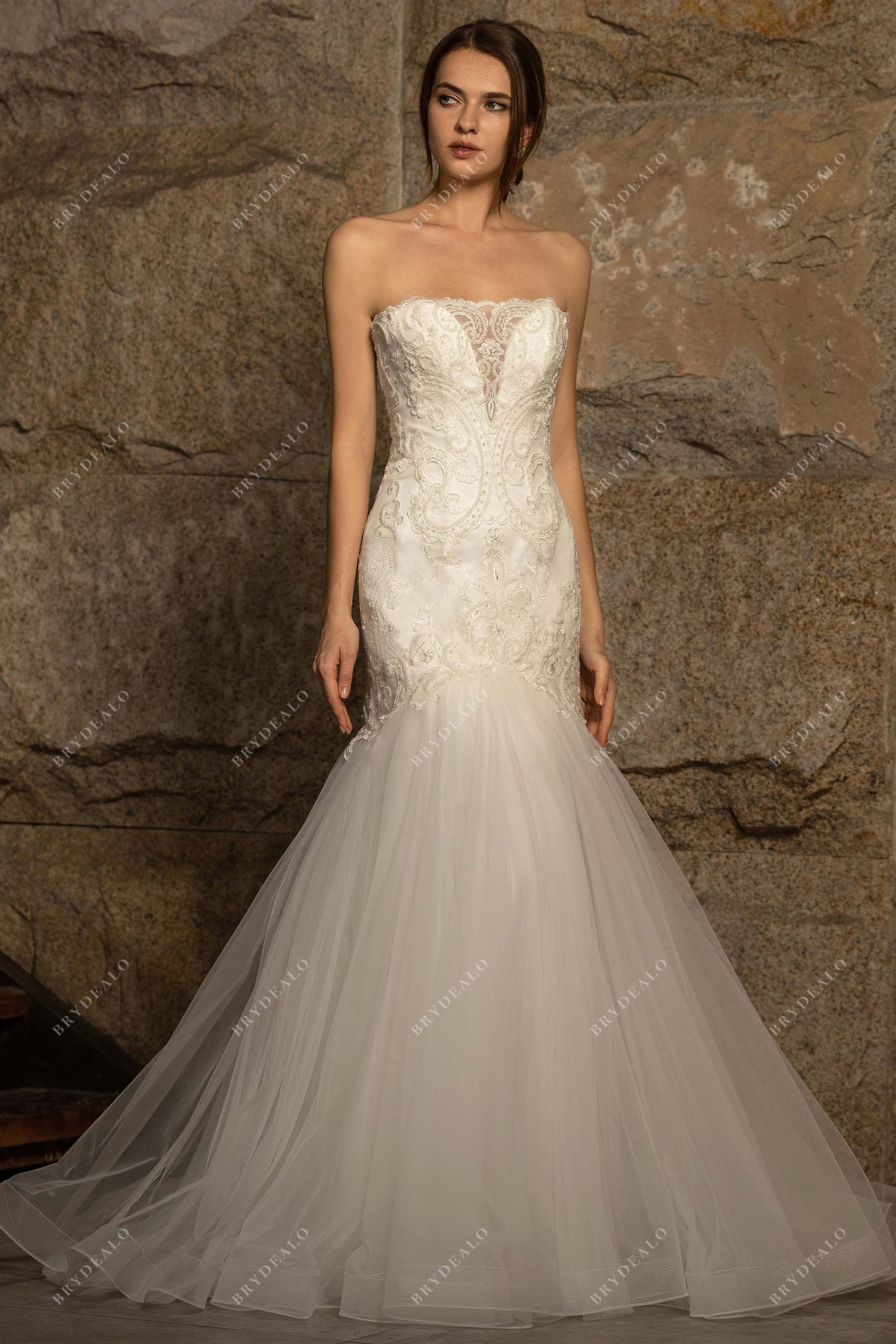 designer beaded lace tulle trumpet bridal dress