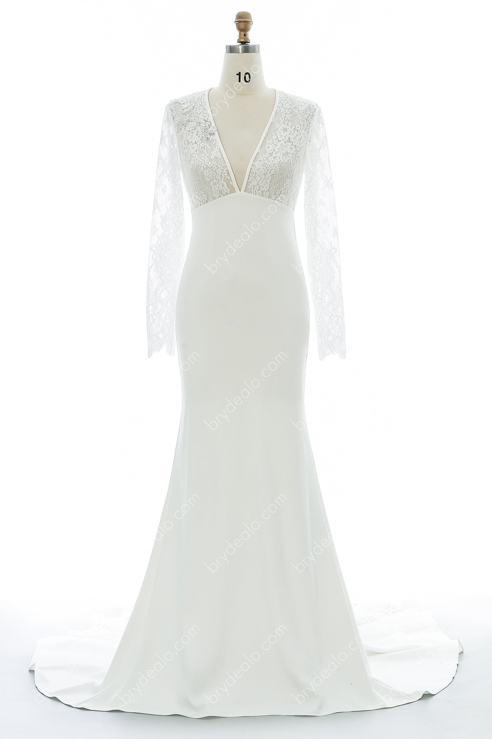 Beaded Lace Sleeves Elegant Crepe Mermaid Bridal Gown