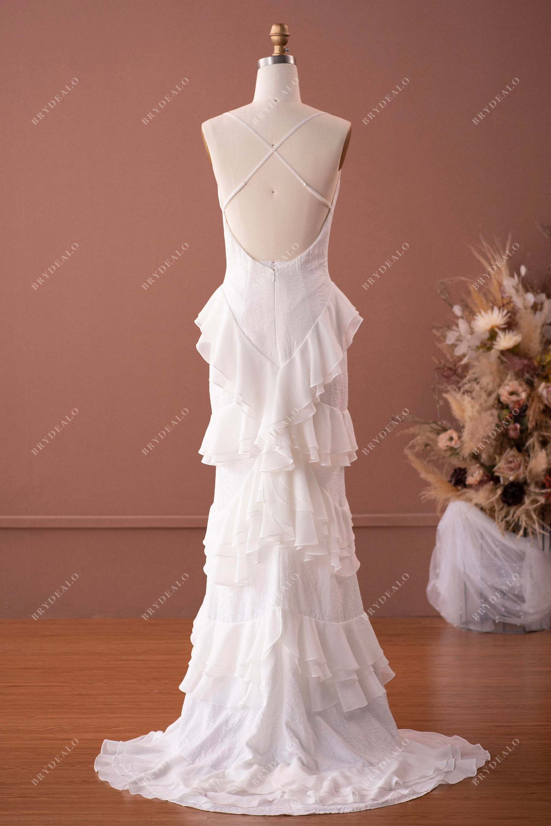 elegant strap luxury ruffled chiffon lace wedding dress