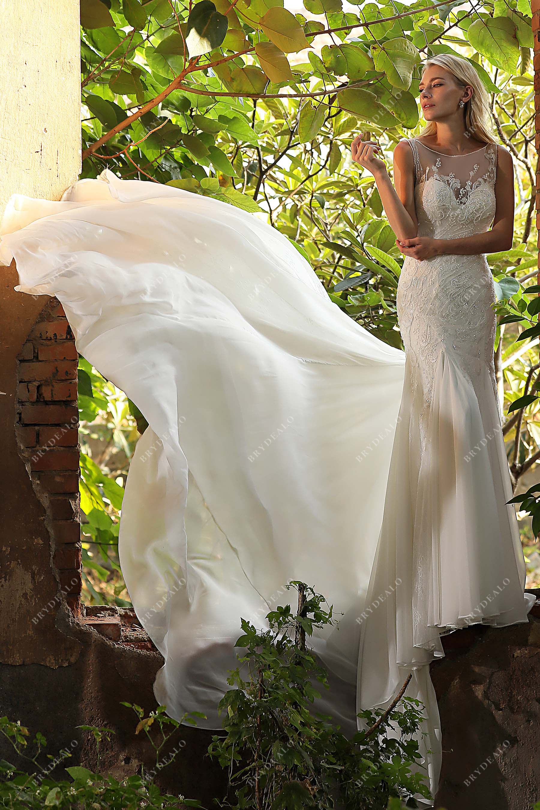Illusion High Neck Chiffon Bridesmaid Gown Gold Plus Size