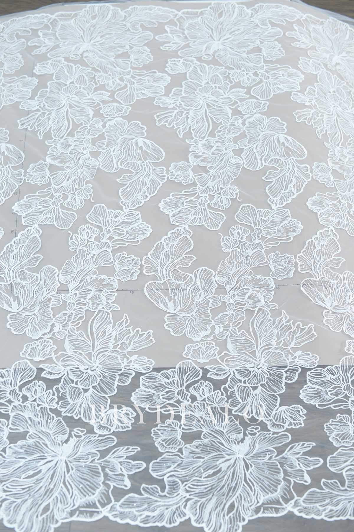 Designer Shimmery Lotus Embroidered Bridal Lace Fabric