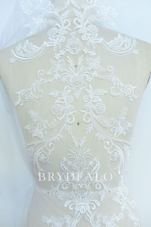 Fashion Shimmery Symmetrical Beaded Flower Lace Fabric Online