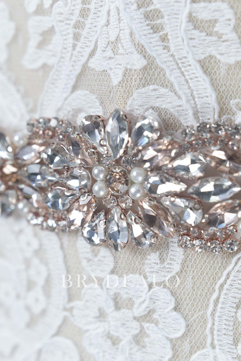 Bling Bling Rose Gold Pearl Rhinestone Blossom Medallion Bridal Sash