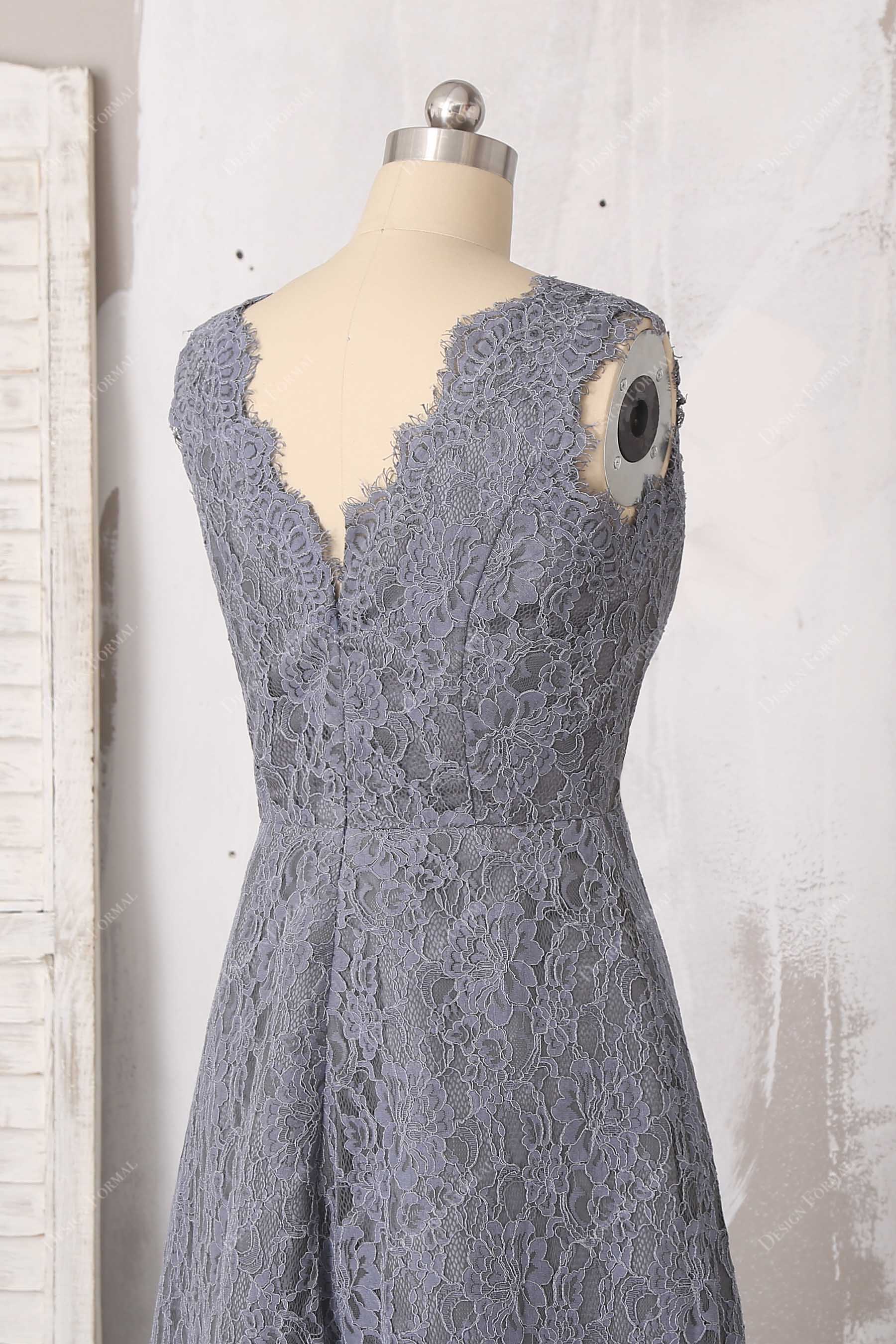 grey lace V-back dress