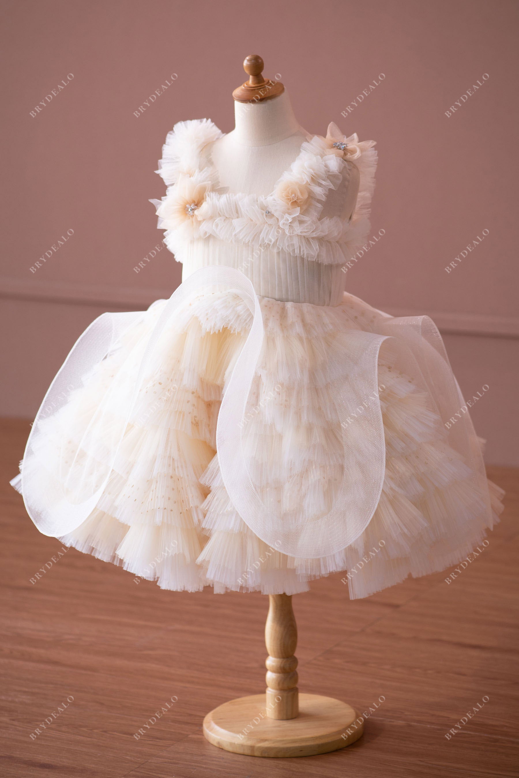 designer sleeveless 3D flowers tiered pleated ball gown little girl dress