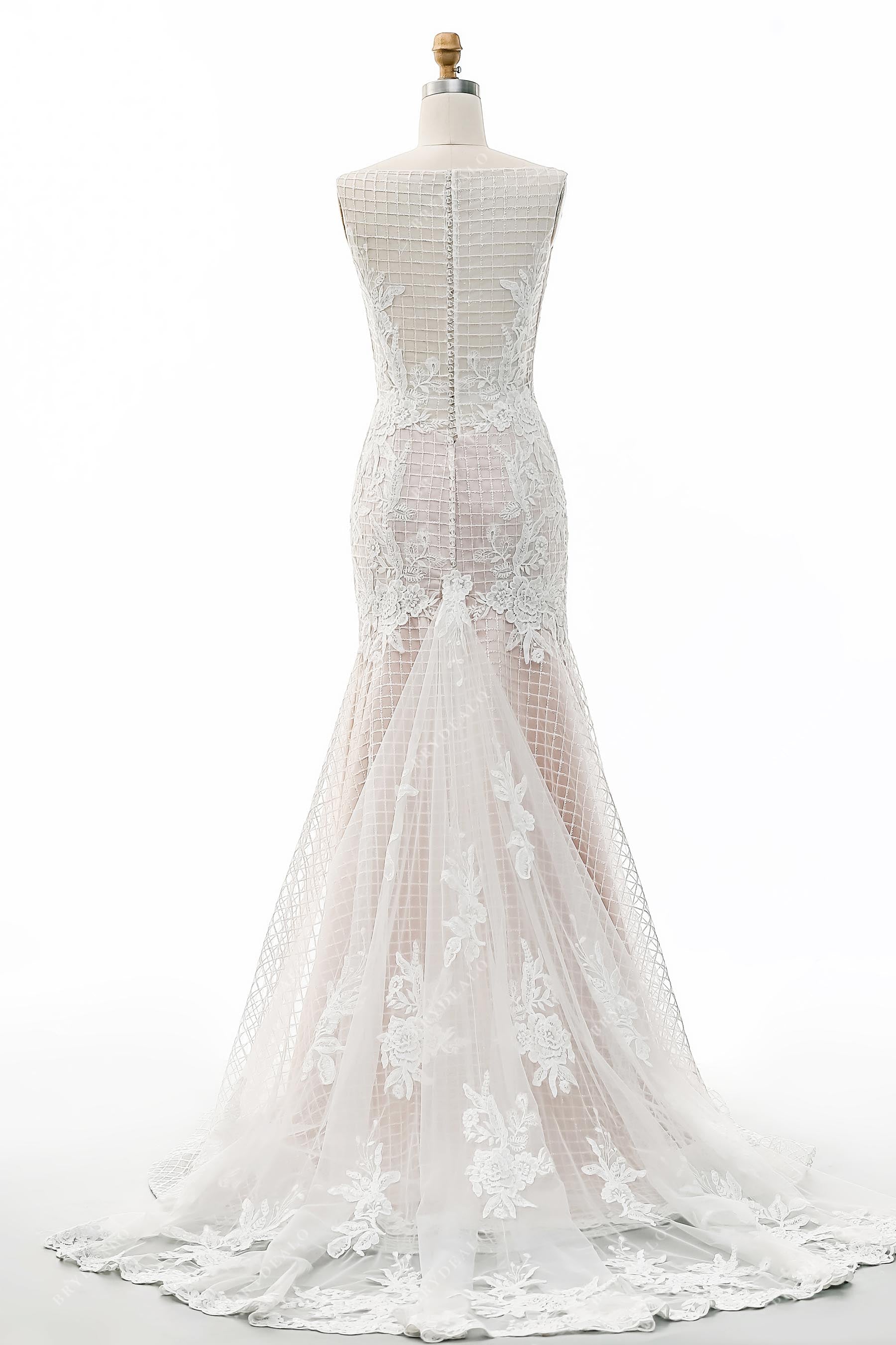 Chapel Train Illusion Back Lace Godet Spring Bridal Dress