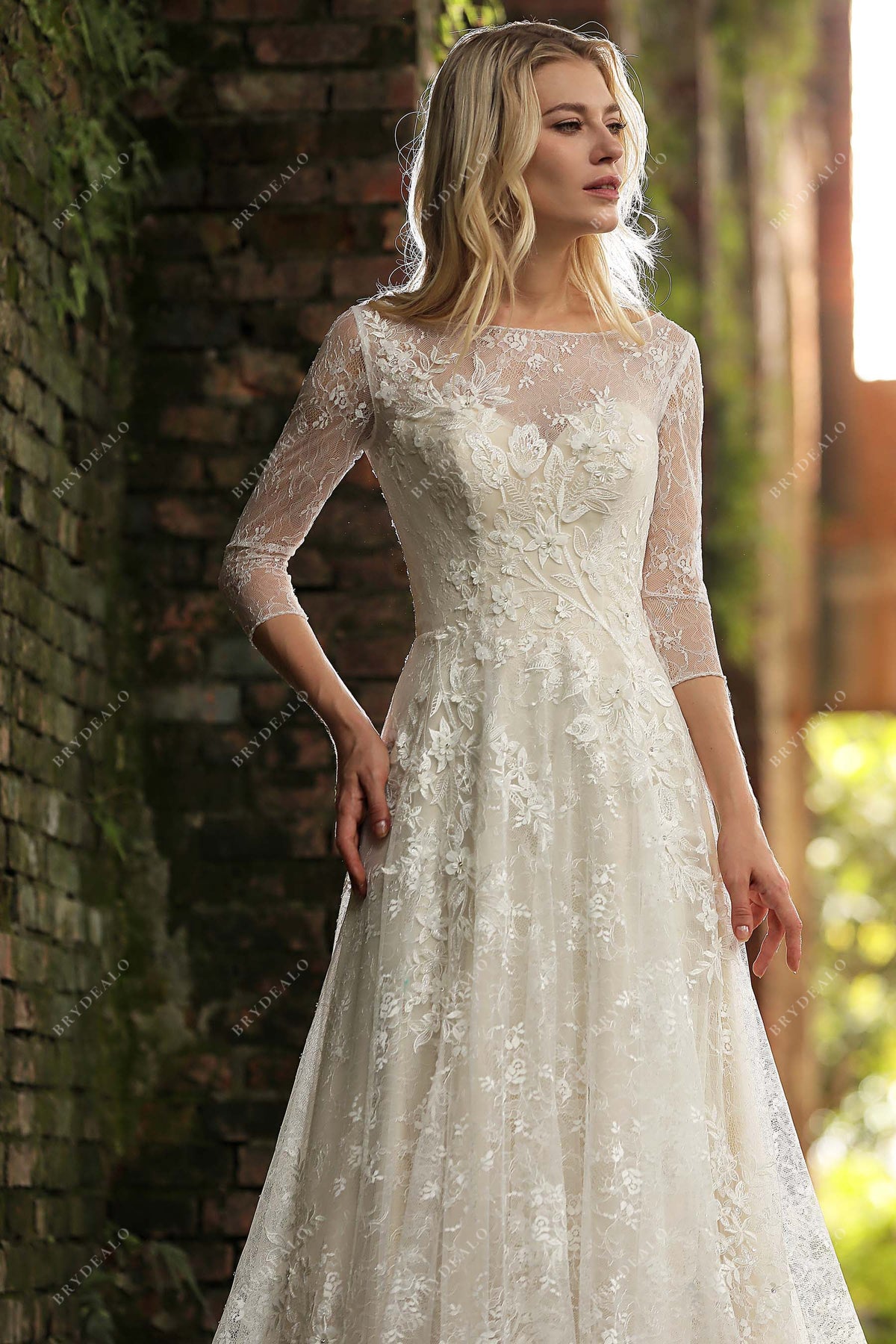 Three Quarter Sleeve Floral Lace Champagne Destination Wedding Dress
