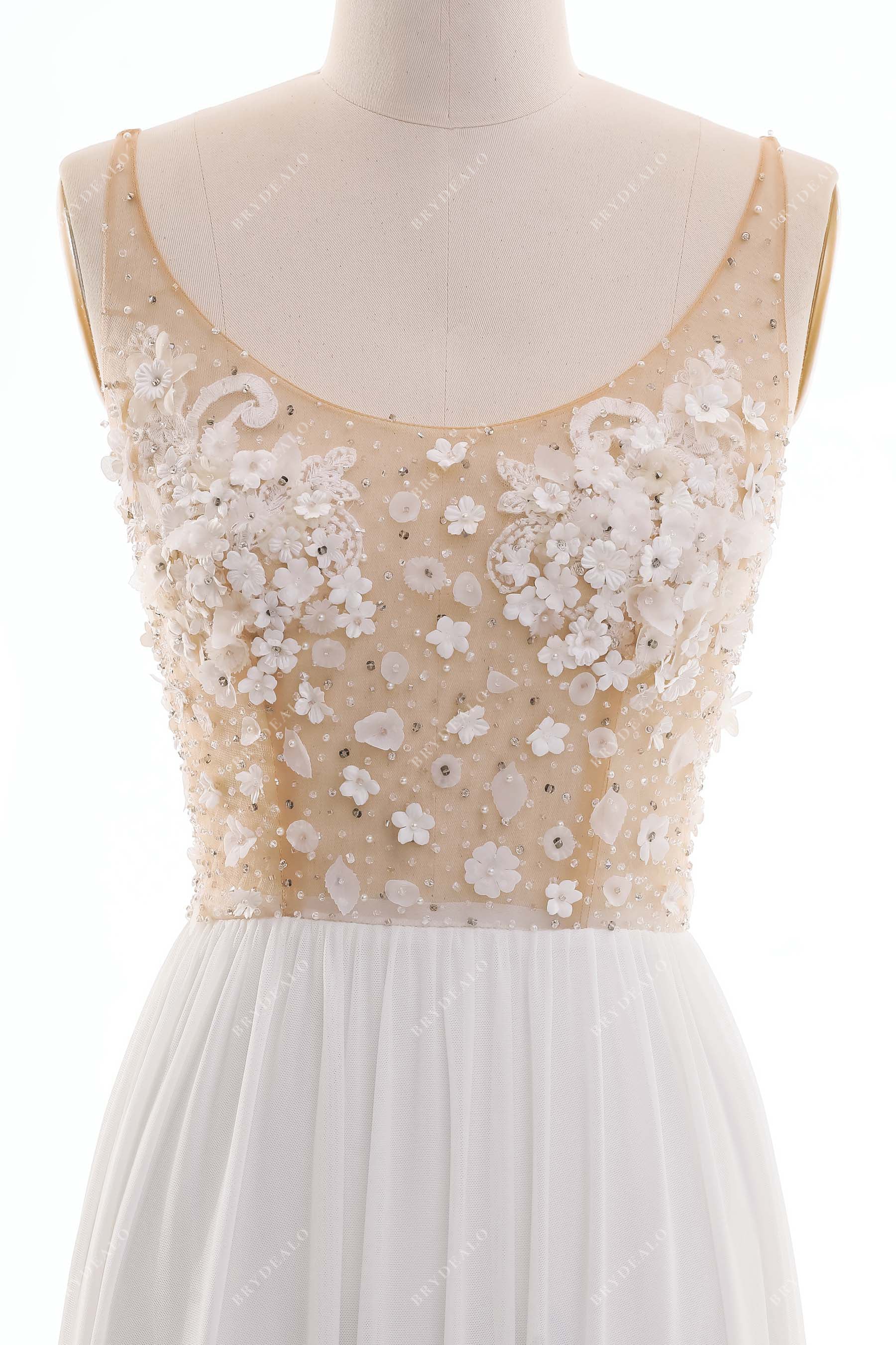 sleeveless flower crystal lightweight illusion wedding dress