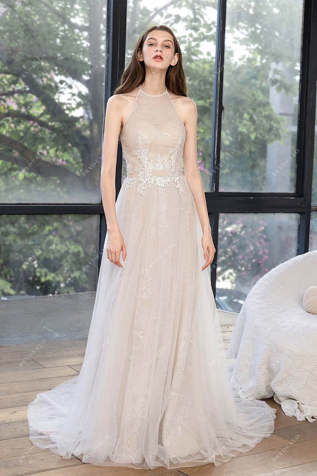 Dreamy Lace Tulle Plunging Neck Spring A-line Wedding Dress