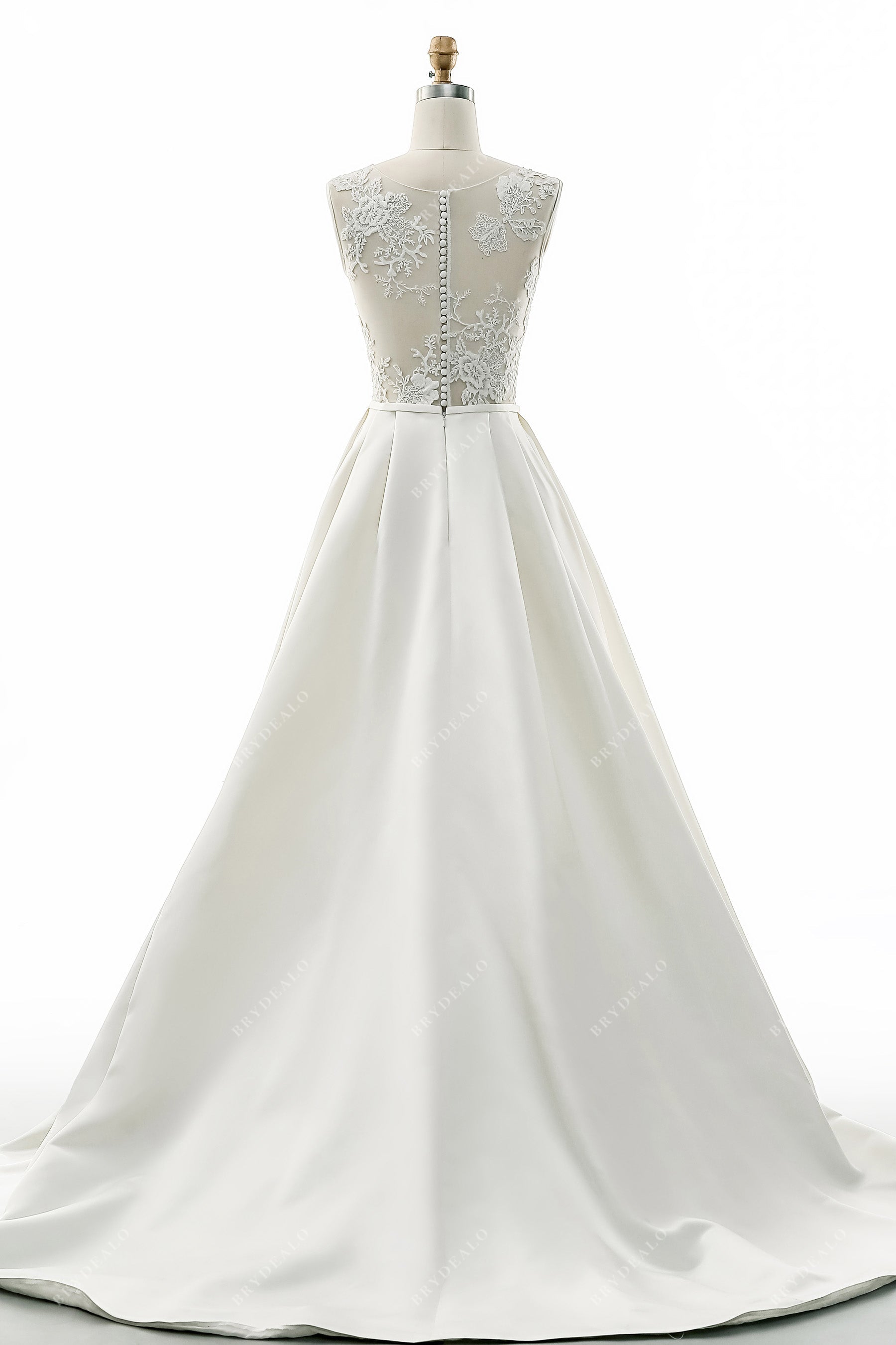 illusion lace back chapel train satin wedding dress