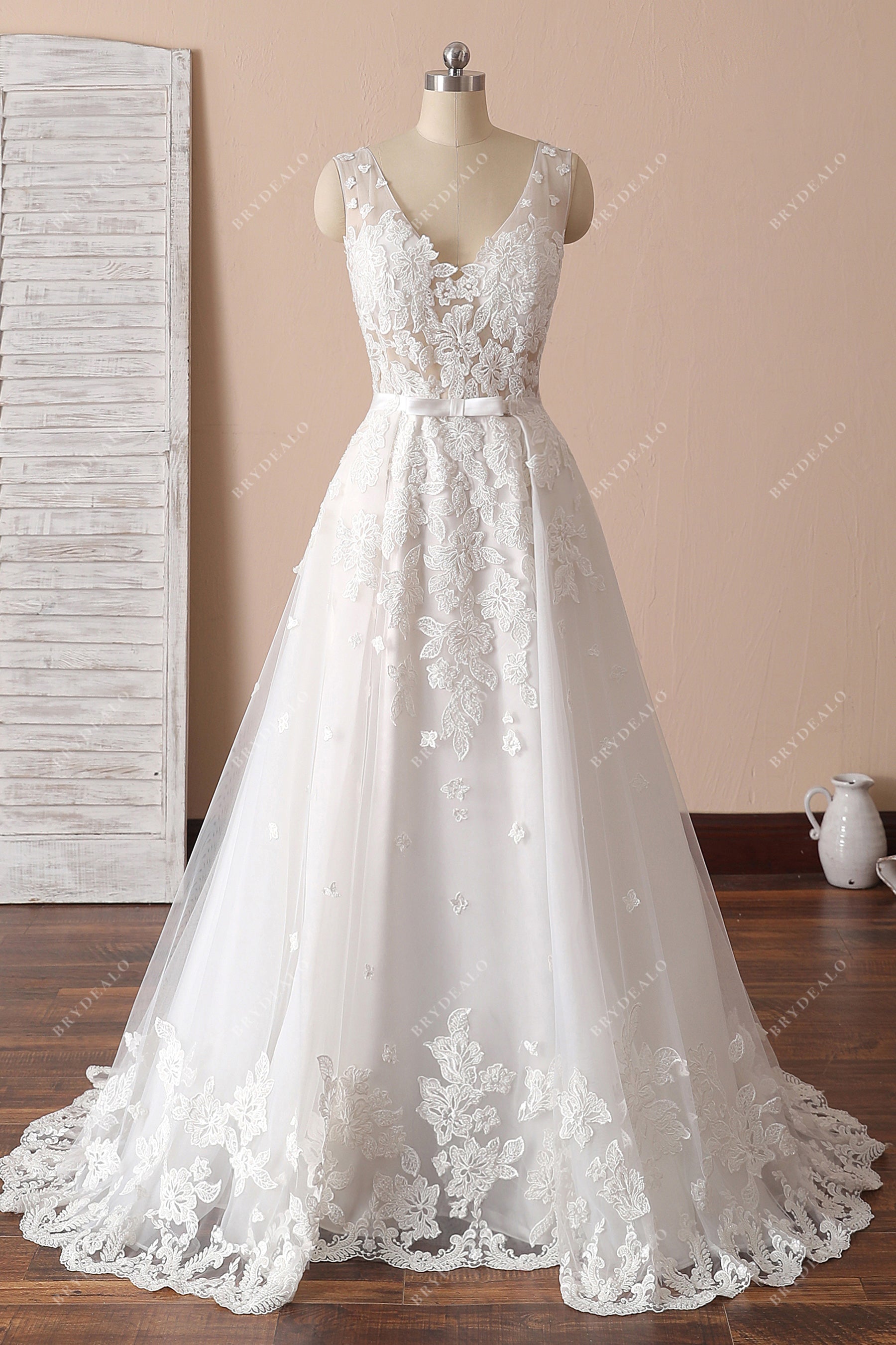 Gorgeous Lace V-neck Mermaid Bridal Gown with Overskirt