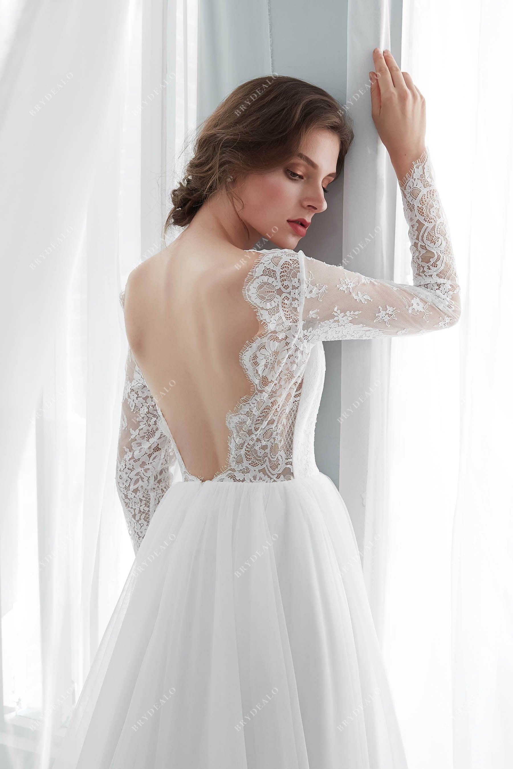 Illusion Long Sleeve Scallop Neck Spring Wedding Dress Online