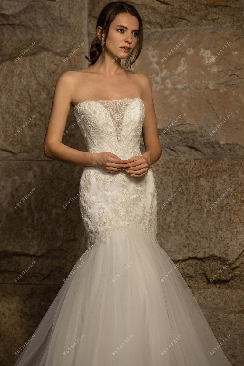 Illusion Back Lace Tulle Dream Ruffled Trumpet Bridal Gown main image 1