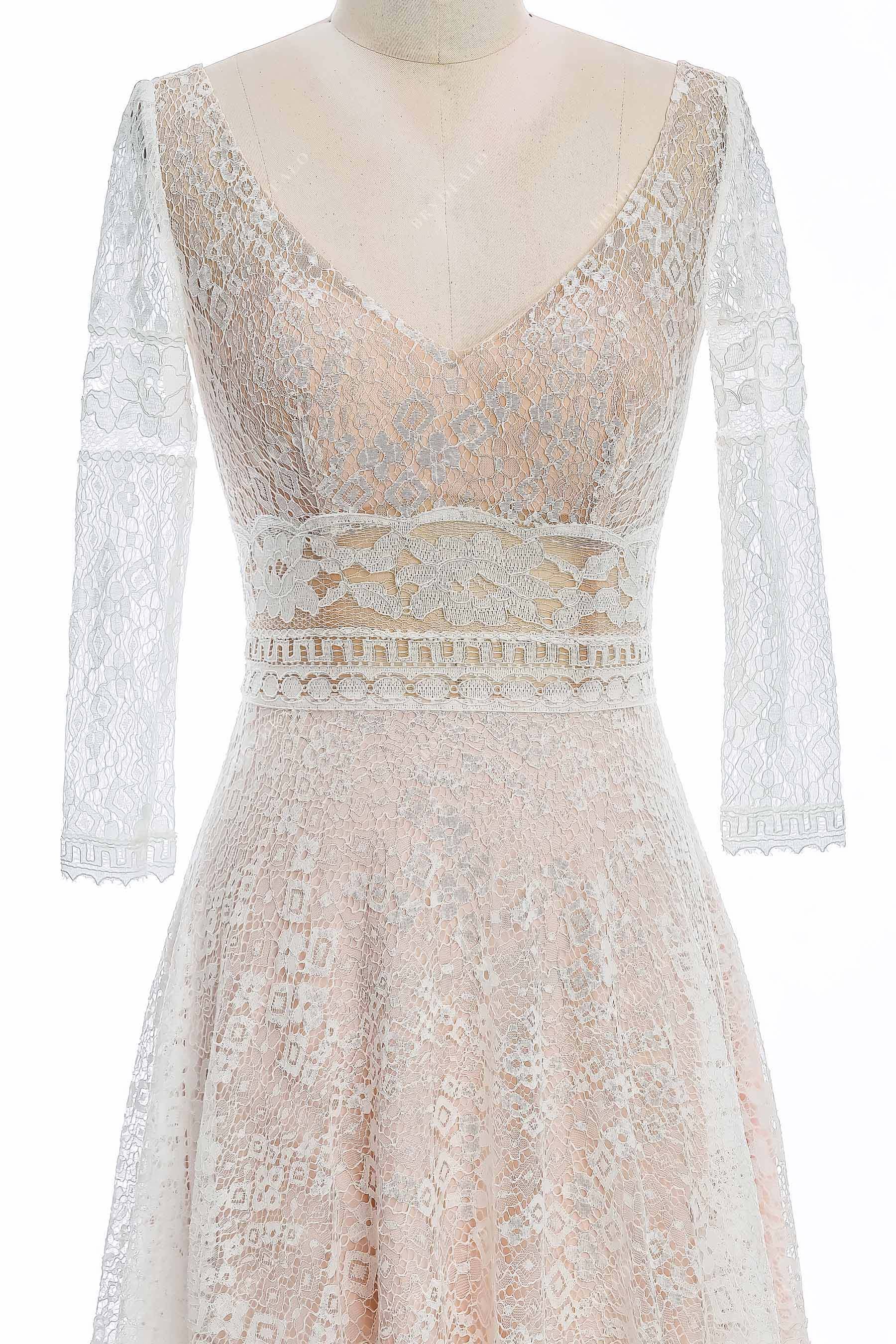 illusion sleeve V-neck lace casual informal wedding gown