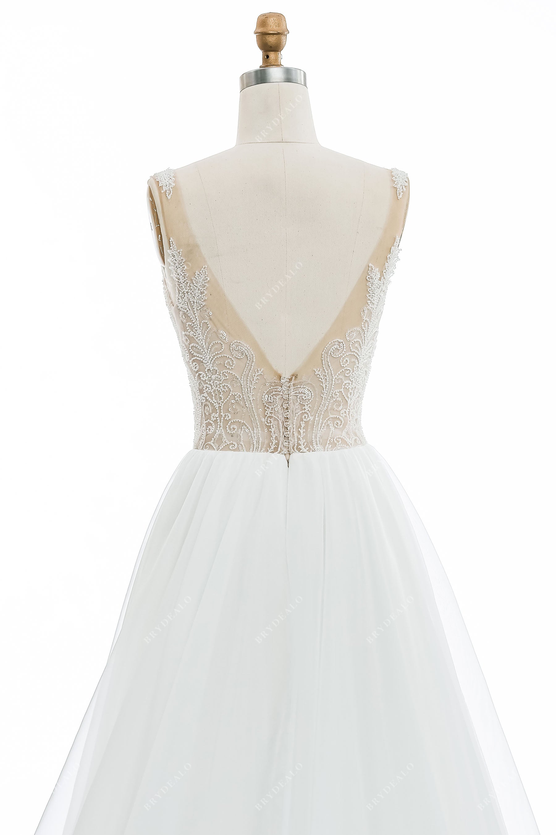 illusion V-back beaded lace bridal dress