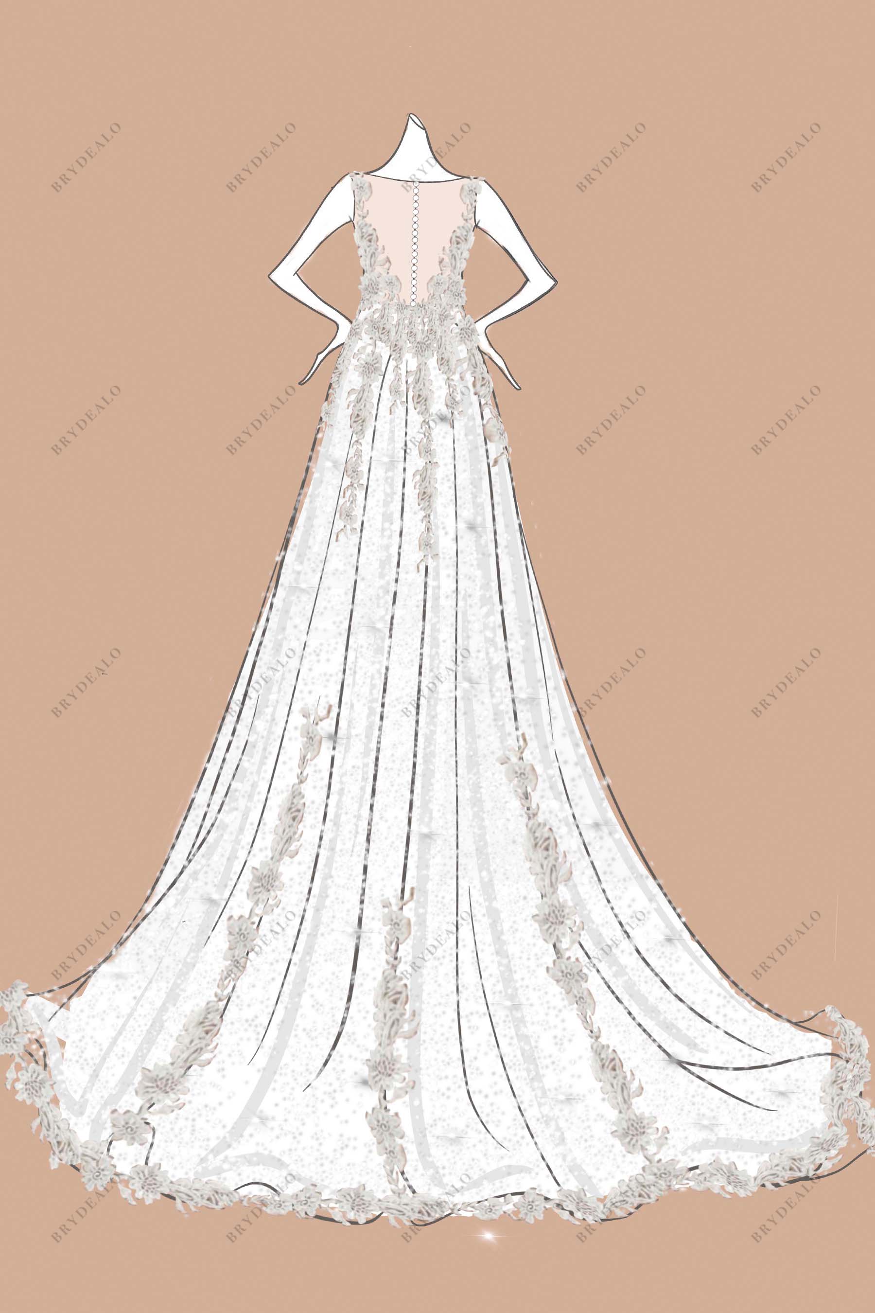 illusion back sleeveless A-line wedding dress sketch