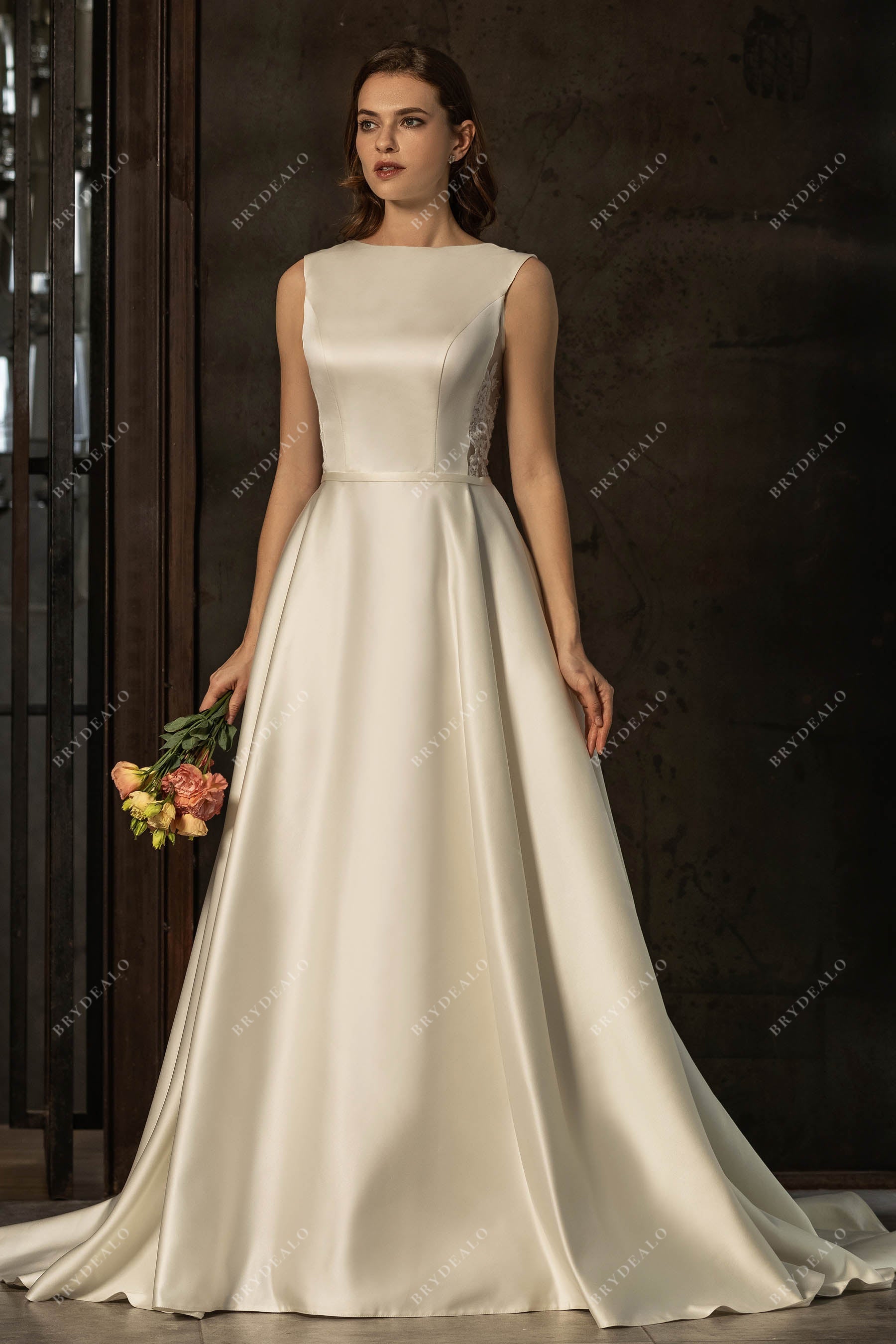 ivory bateau neck satin elegant A-line wedding dress