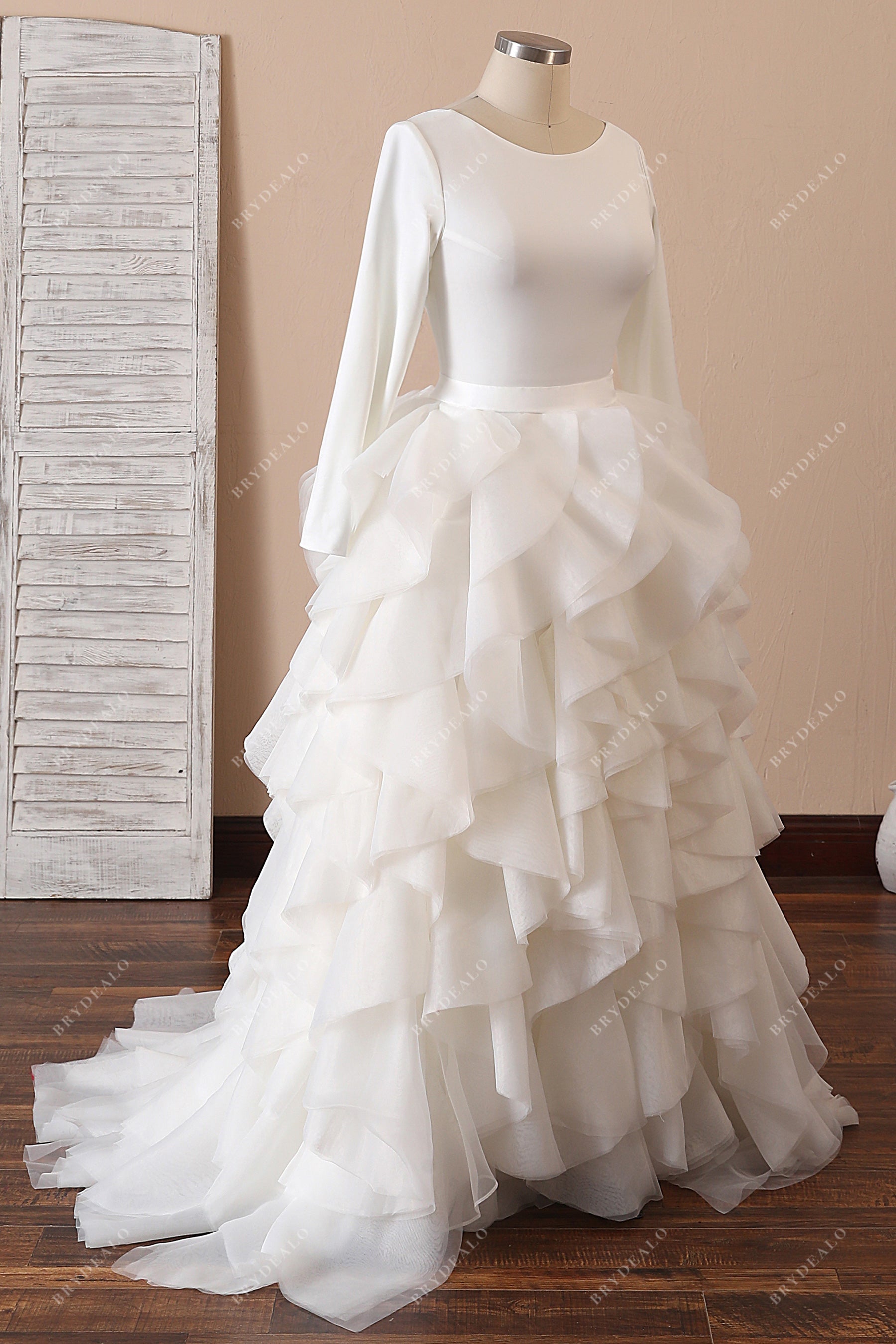 long sleeves elegant ruffled organza bridal dress