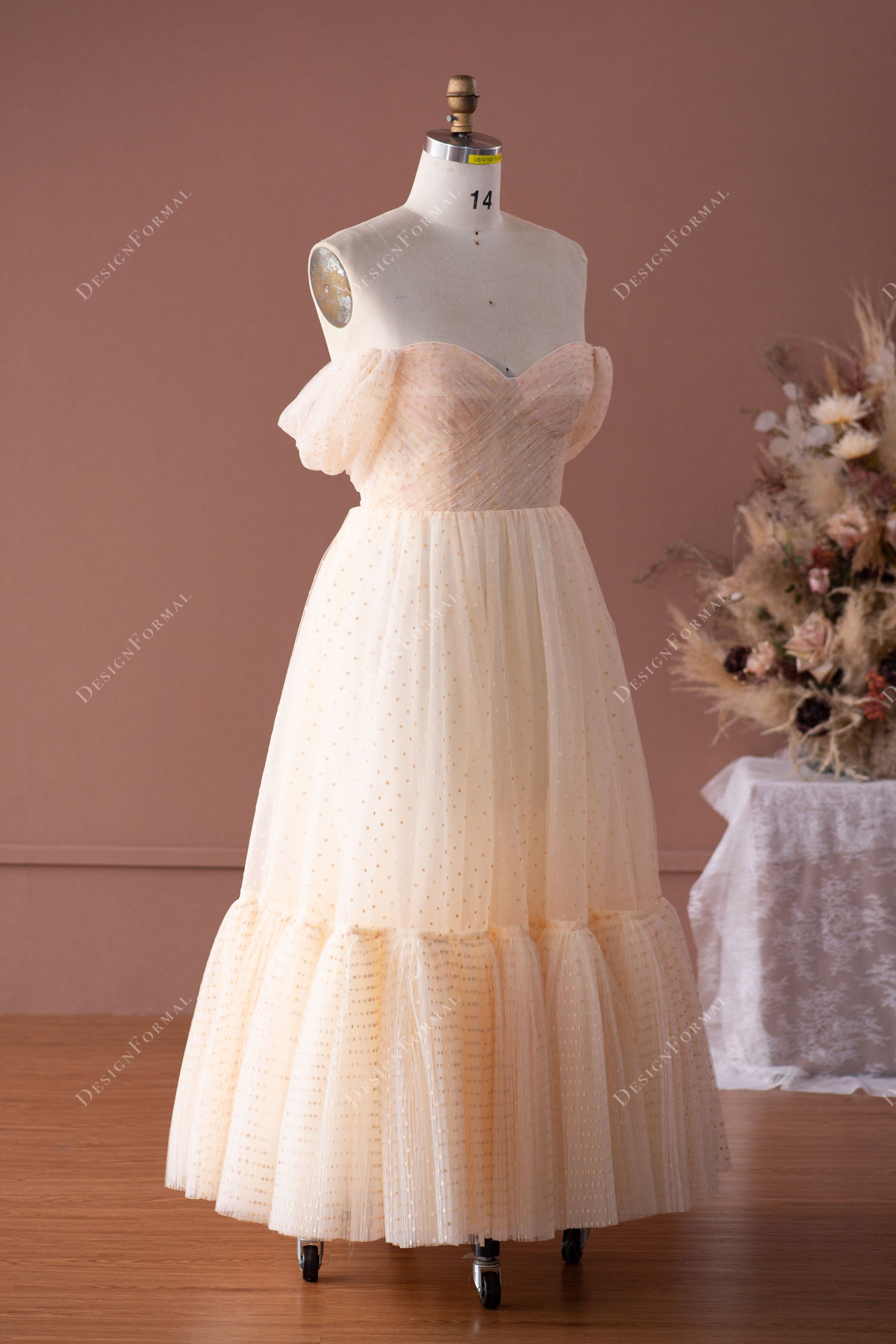 champagne dot lace tea length formal dress with tiered skirt