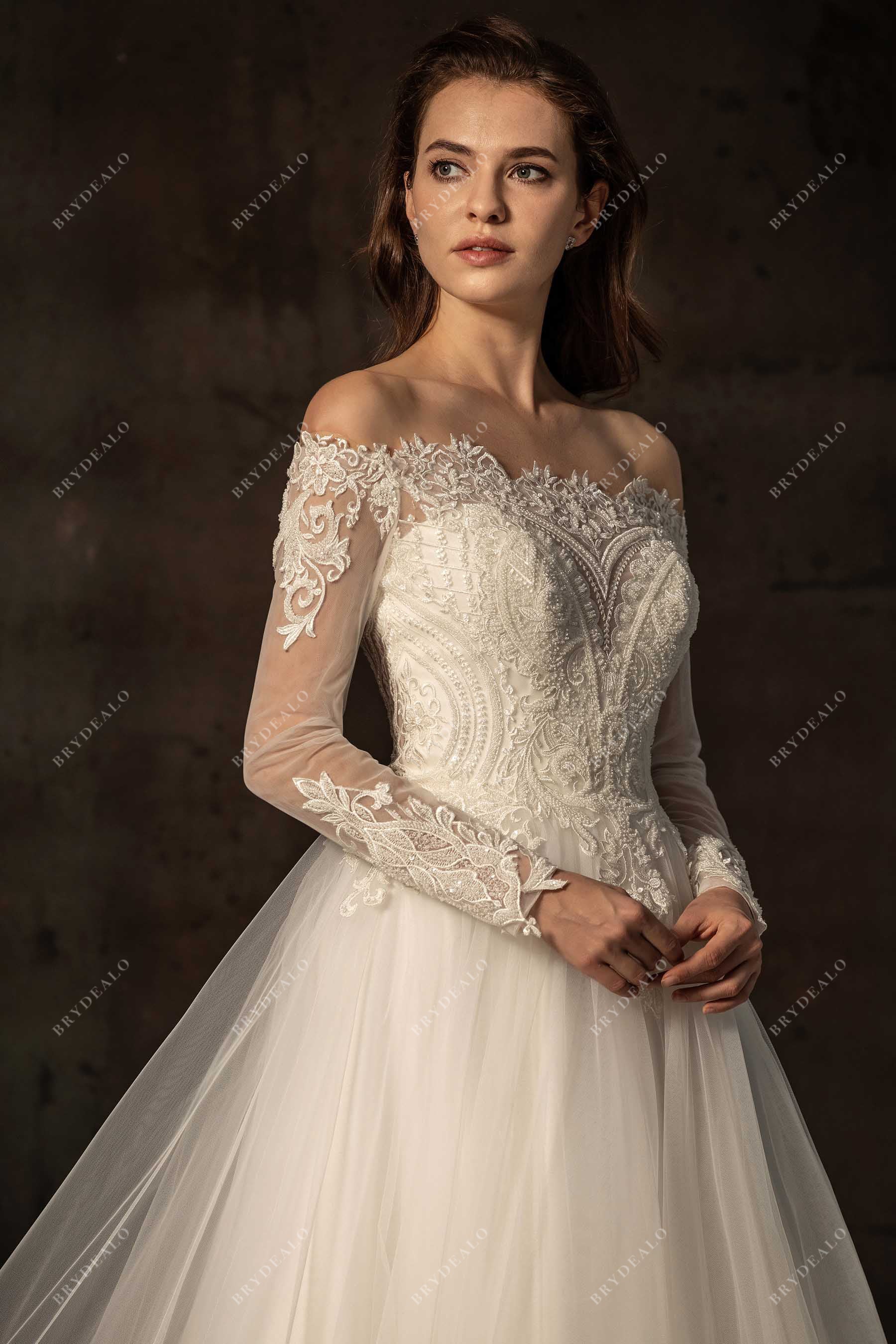 off-shoulder beaded lace elegant bridal gown