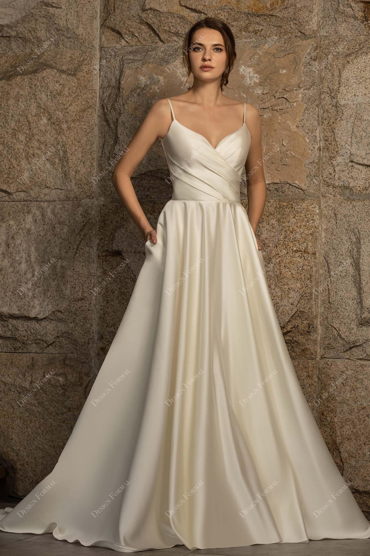 Spaghetti Strap Bridesmaid Dress with Pockets Ivory Plus Size