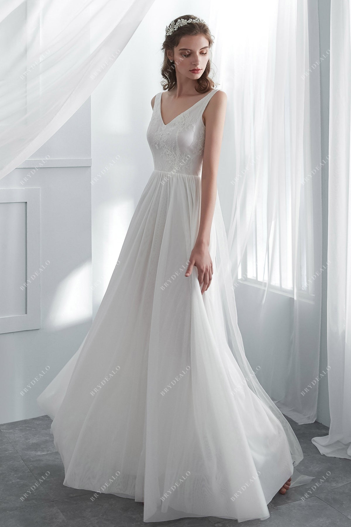 Light V-neck Lace Draping Floor Length Spring Summer Wedding Dress