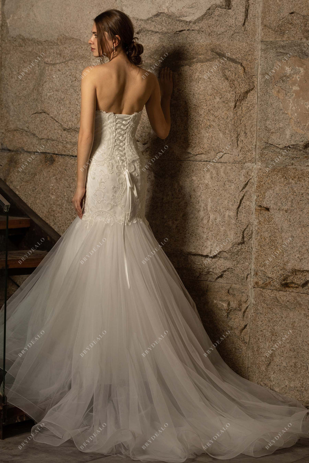 Embroidered Bodice Trumpet Gown with Ruffled Tulle Skirt Peacock main image 1