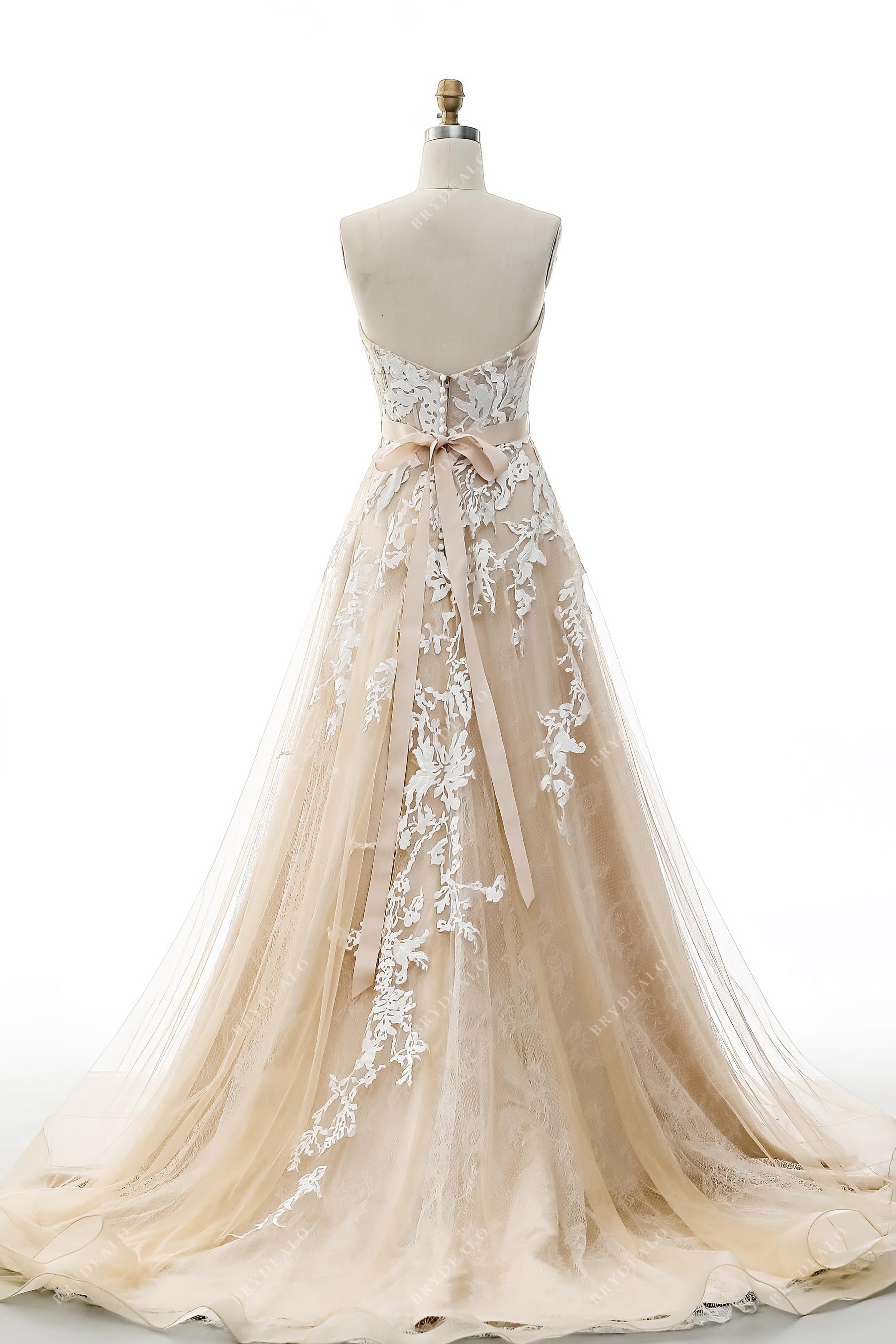 lace tulle chapel train strapless wedding gown