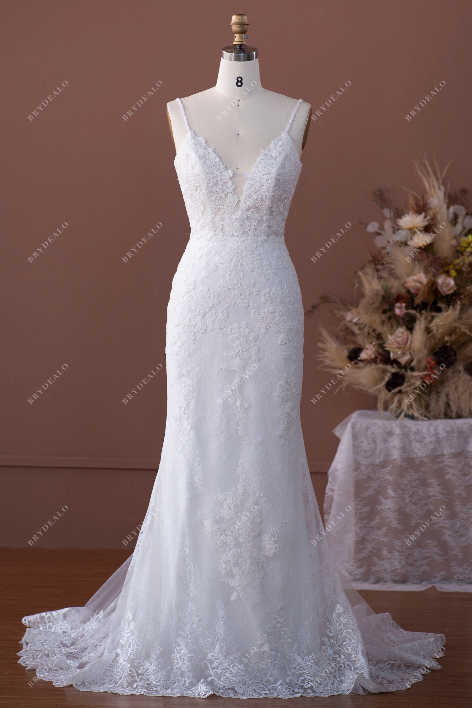 classic spaghetti straps plunging neck lace bridal gown