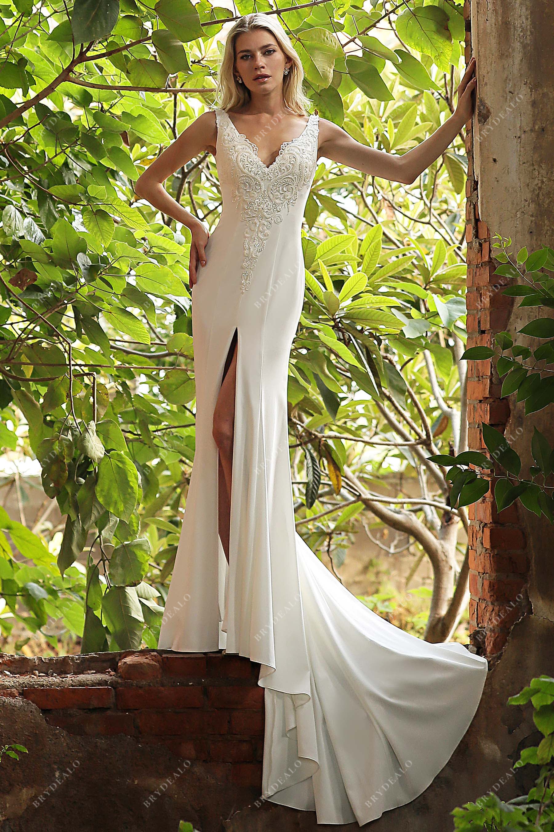 Beaded Lace Strap V Neck High Slit Wedding Gown