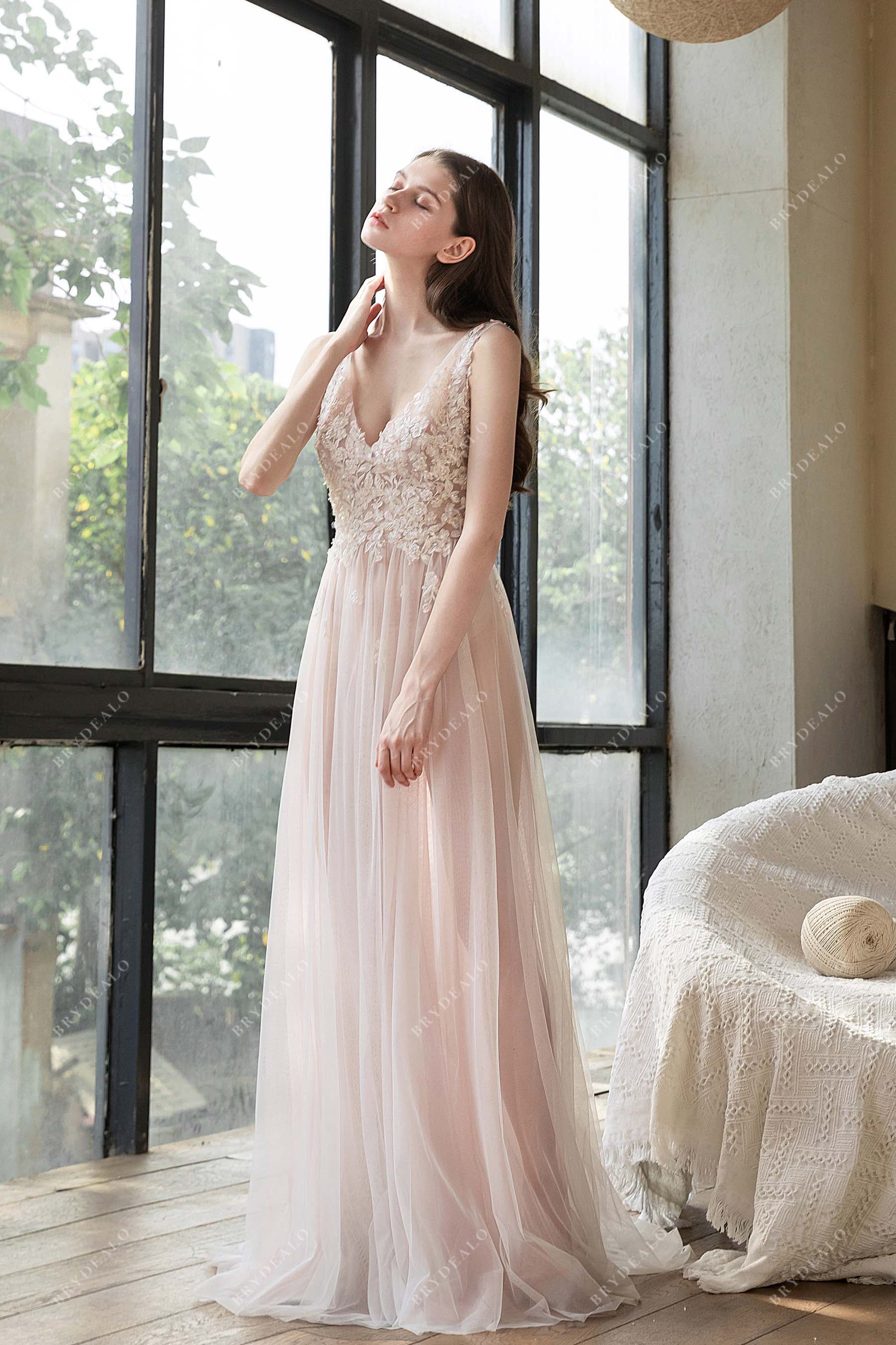 Lightweight A-line Tulle Sleeveless Lace Summer Bridal Dress