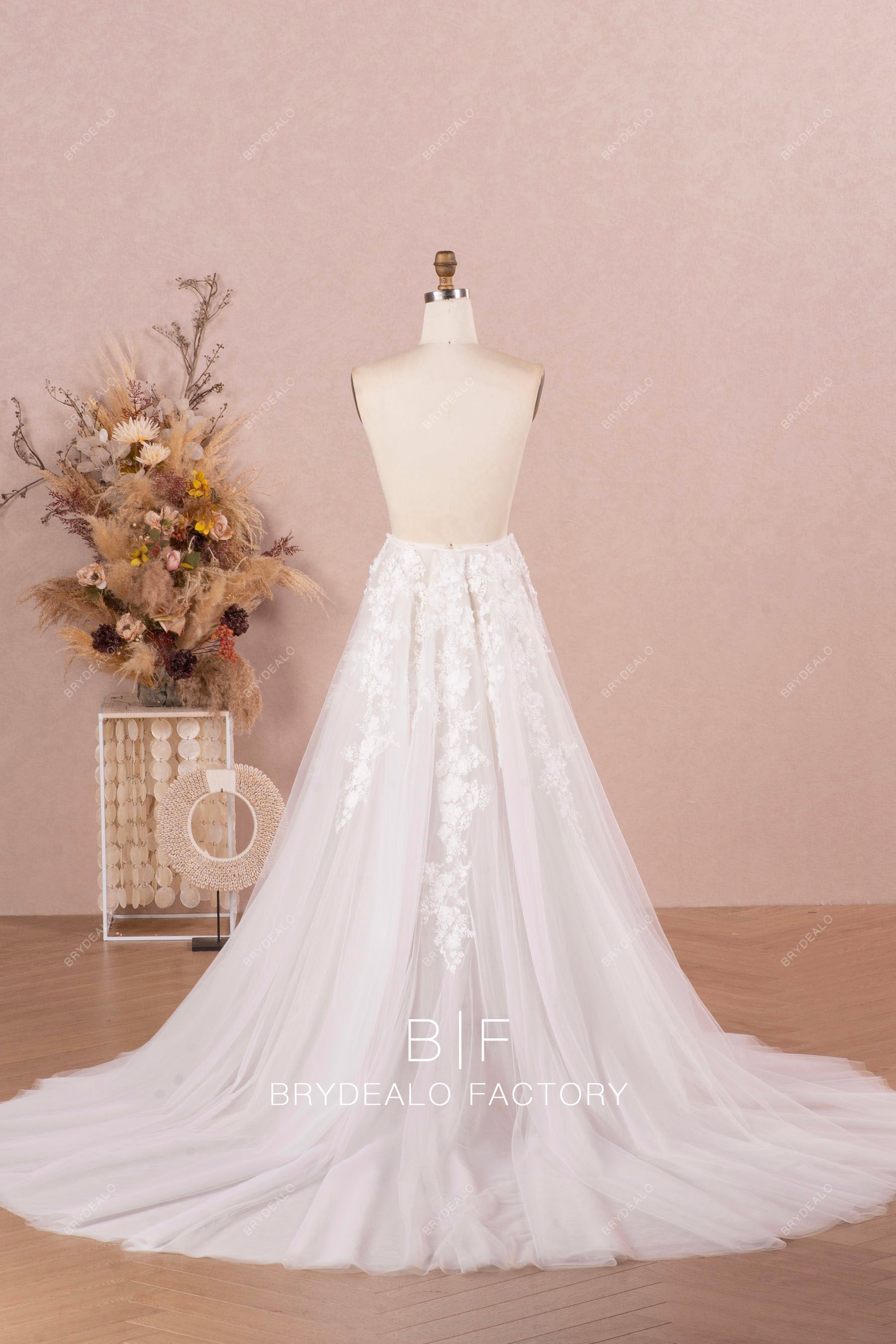 Romantic Pearl Flowers Lace Tulle Removable Long Bridal Overskirt