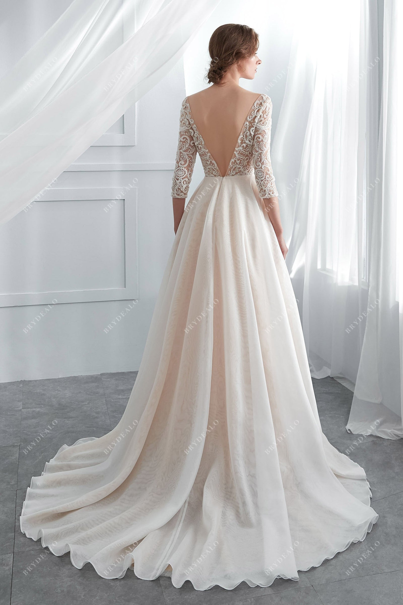 Illusion Lace Floor-length Dress with Half Sleeves Cabernet main image 1